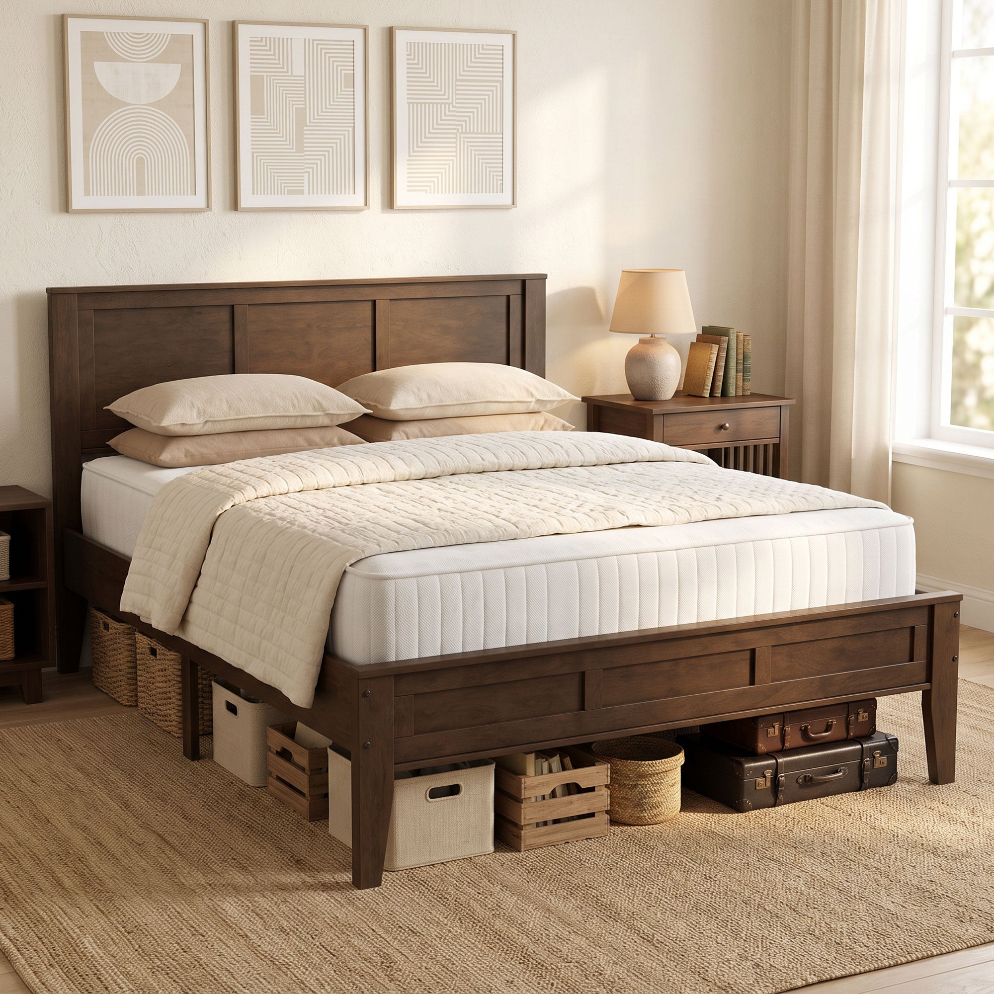 Queen Size Wood Platform Bed Frame with Headboard and Footboard, Mid-Century Bed Frame with Slat Support, Mattress Foundation with Under-Bed Storage, No Box Spring Needed, Easy Assembly, Walnut