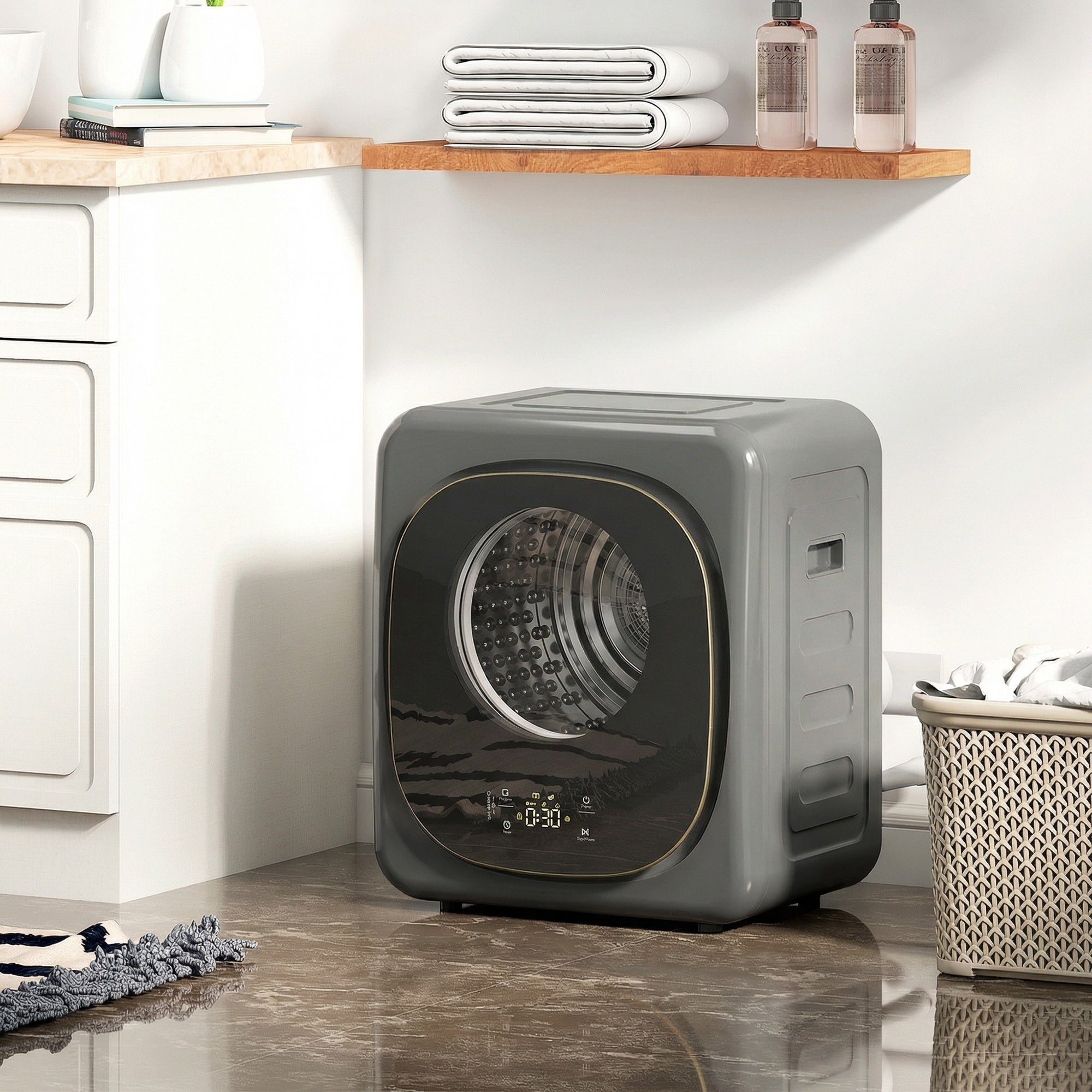 4kg Vented Tumble Dryer, 800W Compact Freestanding Front Tumble Dryer with 5 Drying Mode, Smart Sensor, Timer and Stainless Steel Tub, Wall-Mounted Portable Small Clothes Drying Machine, Grey
