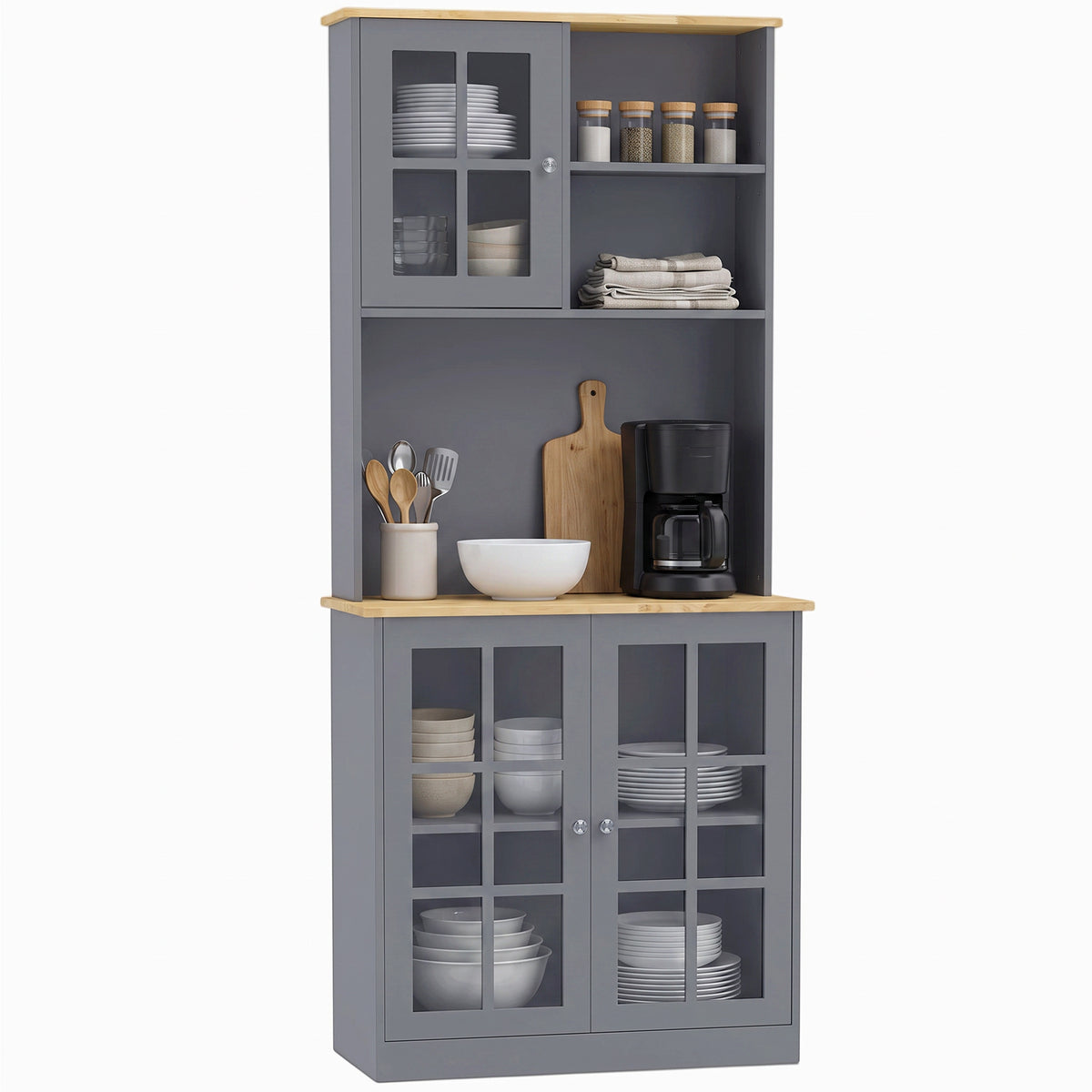 Kitchen Pantry, Buffet Hutch with 3 Storage Cabinets, 2 Open Shelves and Large Countertop for Kitchen, Living Room and Entryway, Grey