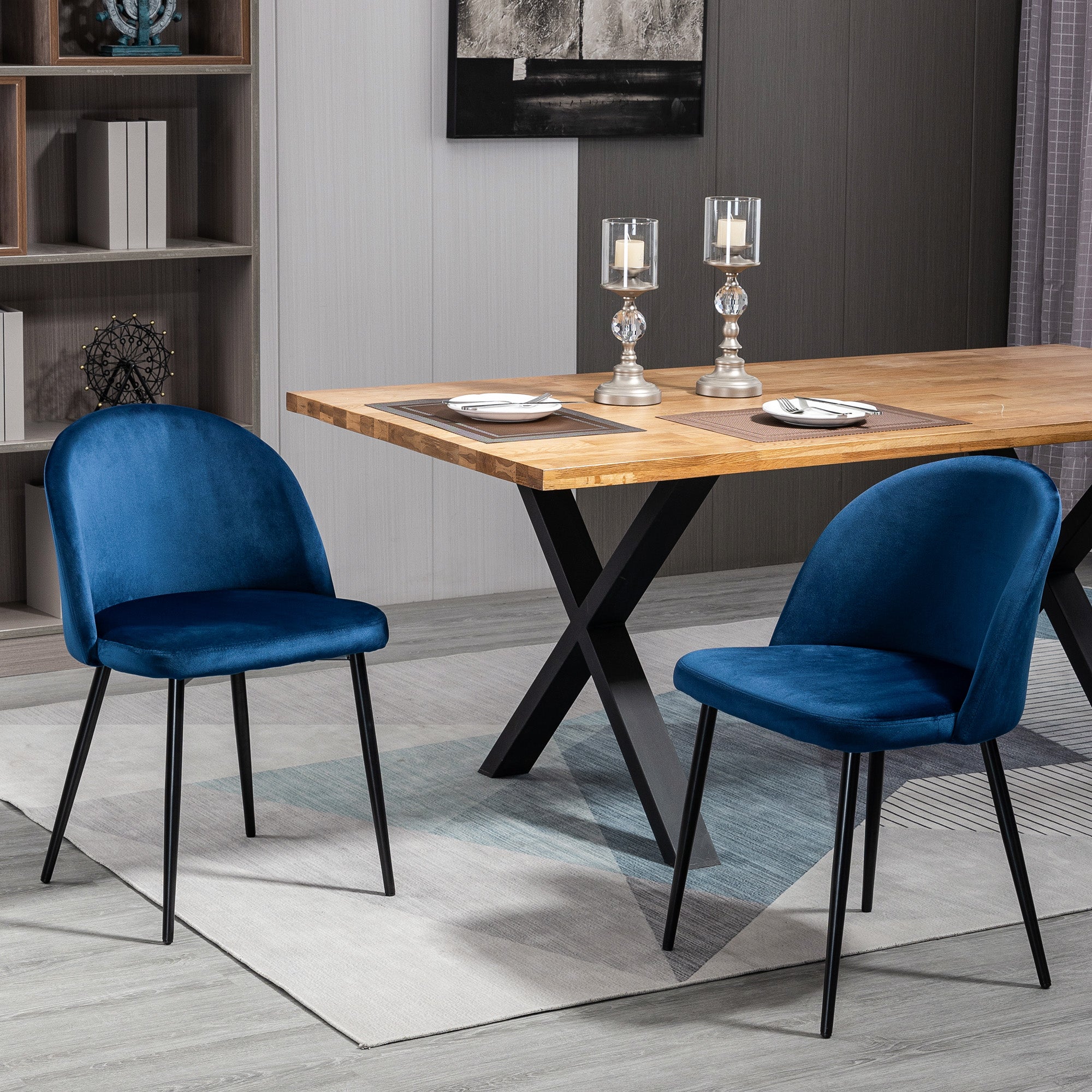 HOMCOM Modern Dining Chairs Set of 2, Mid-Back Velvet Upholstered Kitchen Chairs, Side Chair for Living Room, Dining Room, Dark Blue