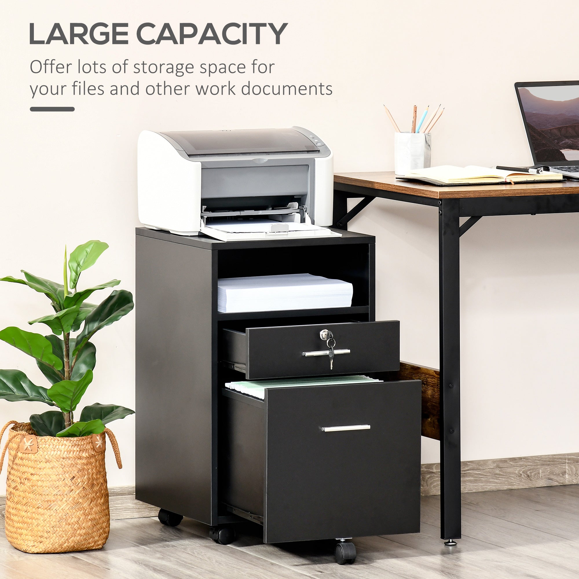 Vinsetto Mobile File Cabinet Lockable Storage Unit Cupboard for A4 Letter Home Filing Furniture for Office, Bedroom and Living Room, 39x40x65cm, Black