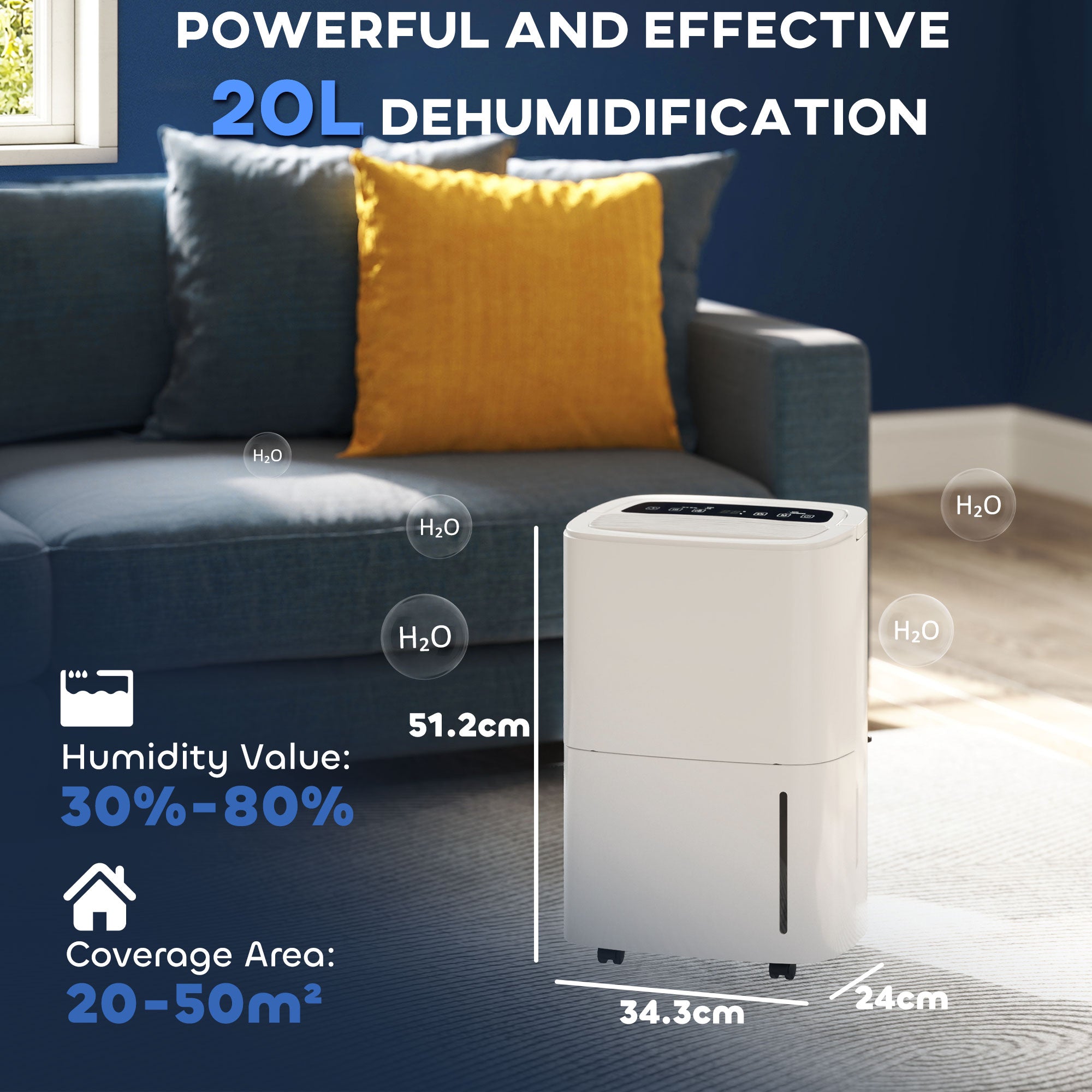 HOMCOM 20L/Day Dehumidifier with Continuous Drainage, 5L Water Tank, 24H Timer, Digital Humidity Display, Humidity Light, Dehumidifier for Home Damp, Bedroom, Condensation, Mould, Laundry Drying