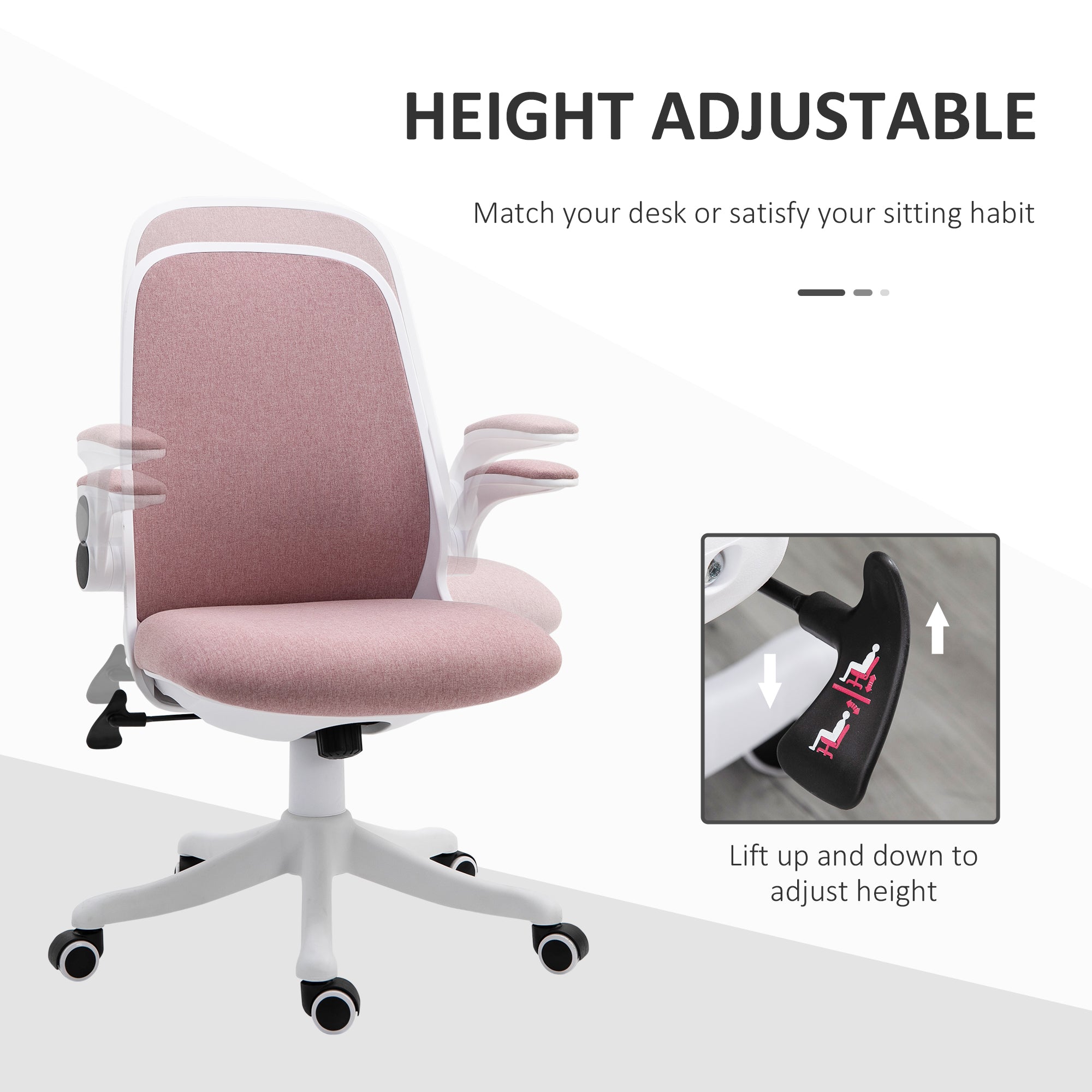 Vinsetto Office Chair 360° Swivel Task Desk Breathable Fabric Computer Chair with Flip-up Arms and Adjustable Height, Pink