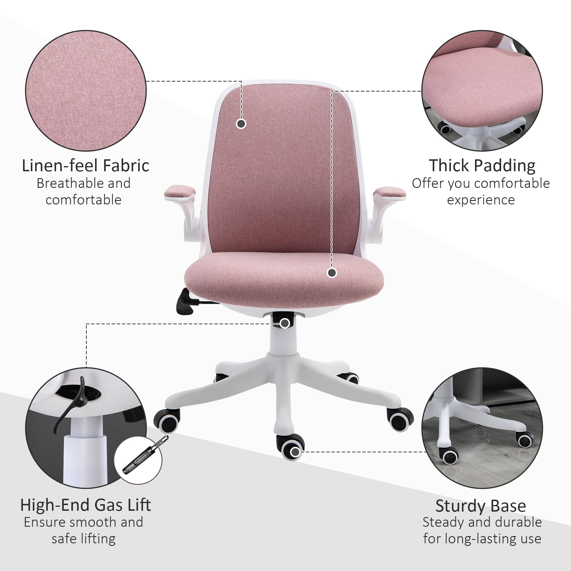 Vinsetto Office Chair 360° Swivel Task Desk Breathable Fabric Computer Chair with Flip-up Arms and Adjustable Height, Pink