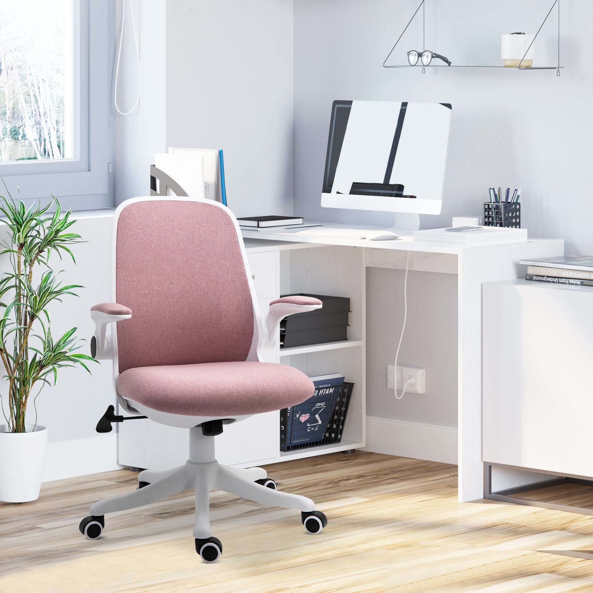 Vinsetto Office Chair 360° Swivel Task Desk Breathable Fabric Computer Chair with Flip-up Arms and Adjustable Height, Pink