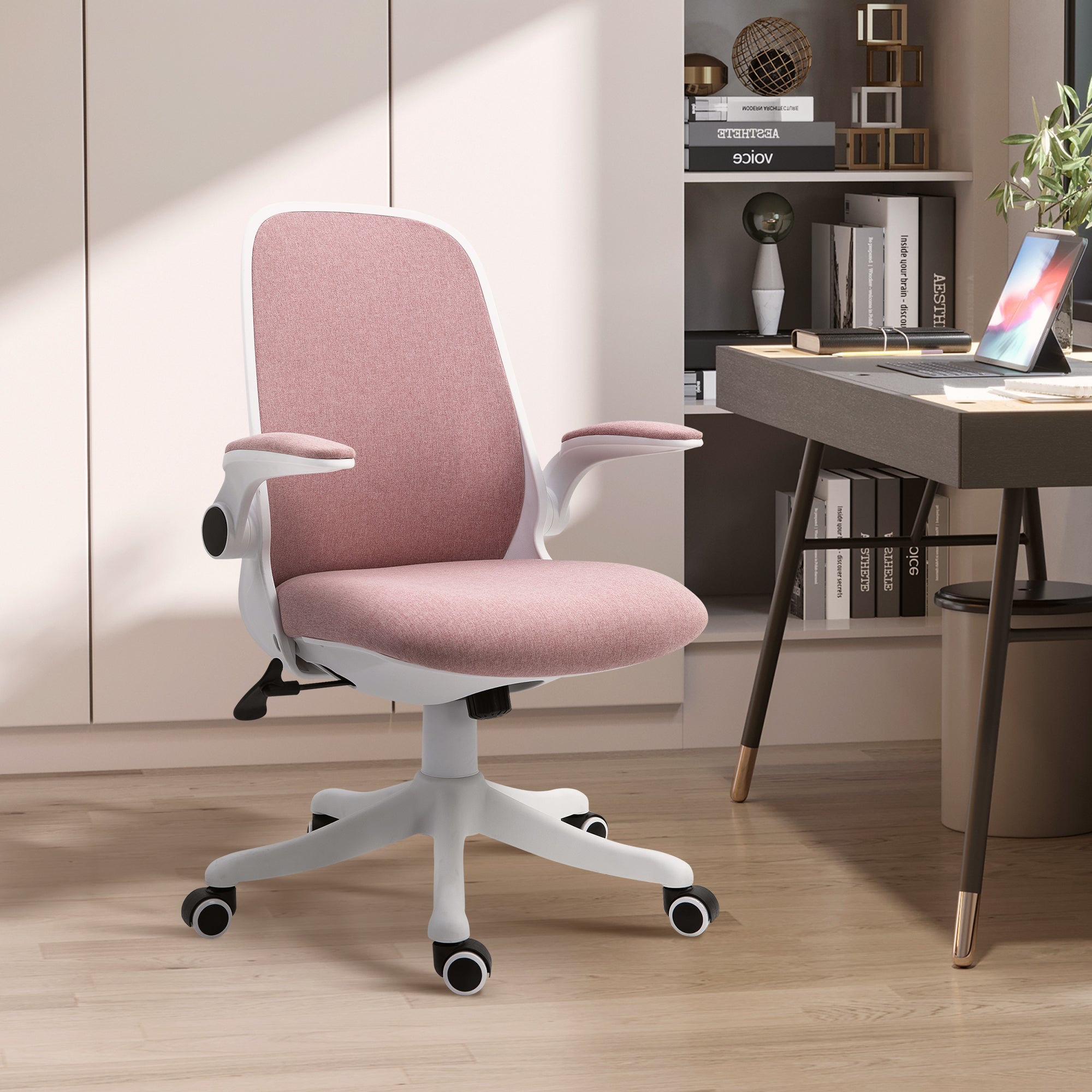 Vinsetto Office Chair 360° Swivel Task Desk Breathable Fabric Computer Chair with Flip-up Arms and Adjustable Height, Pink