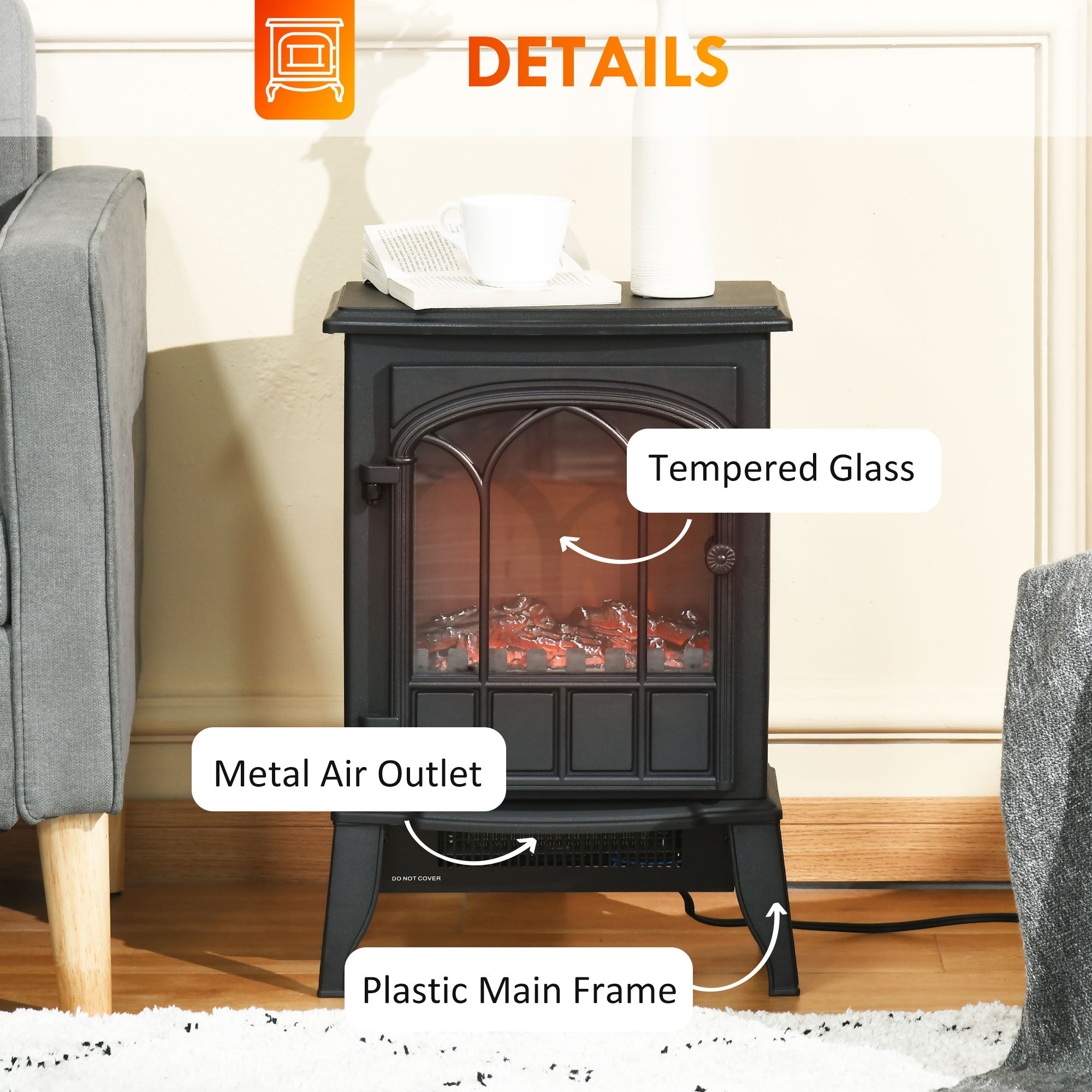 Electric Fireplace Stove Freestanding Heater 750W/1500W Black