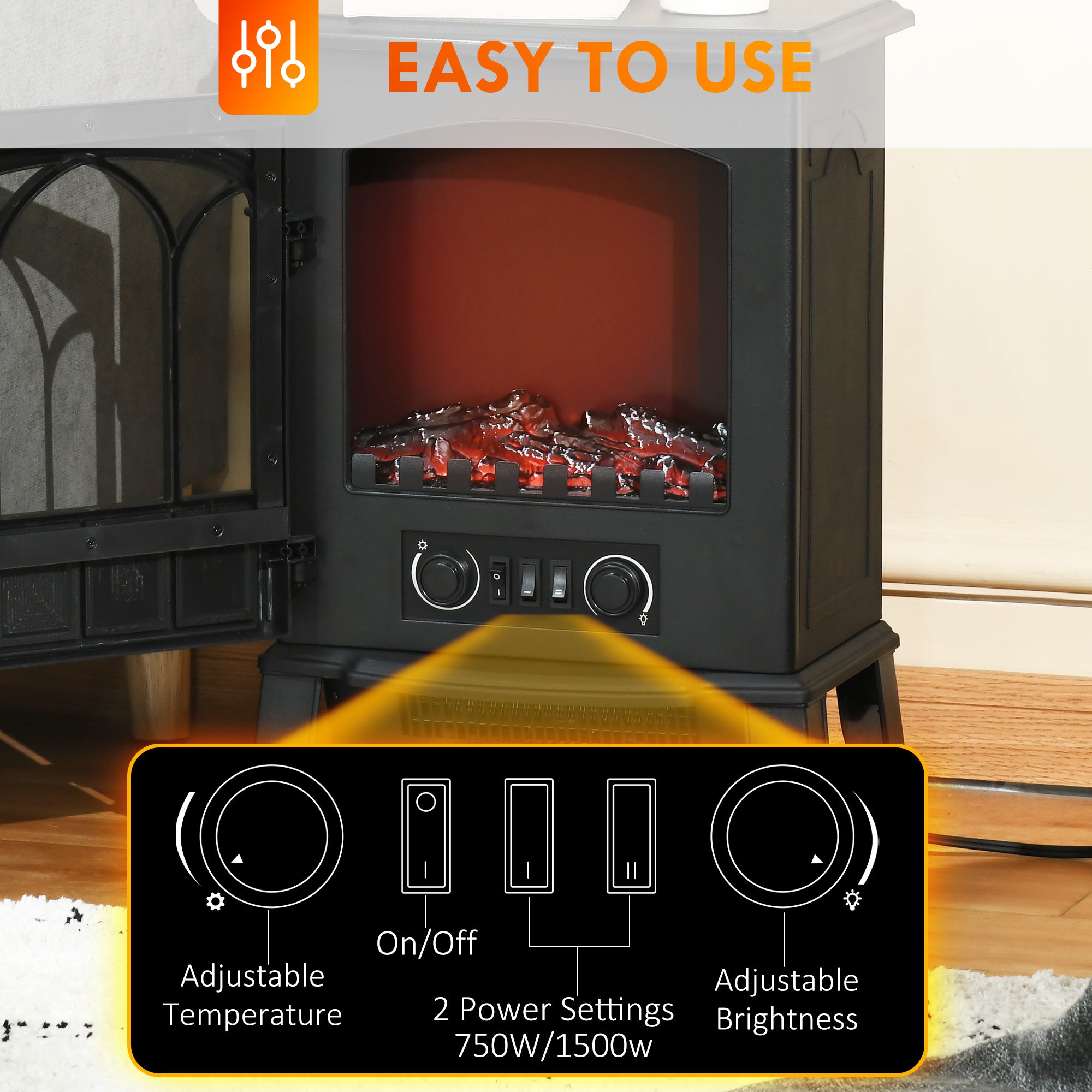 Electric Fireplace Stove Freestanding Heater 750W/1500W Black