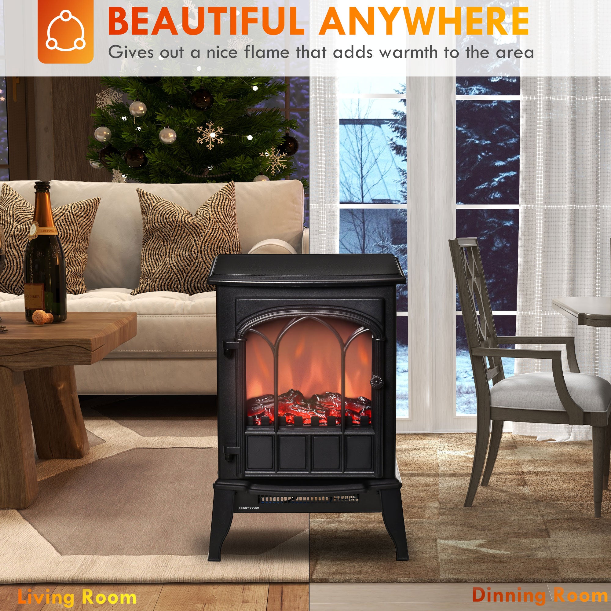 Electric Fireplace Heater, Freestanding Fireplace Stove with Realistic Flame, Adjustable brightness, Overheating Safety System, 750W/1500W Black
