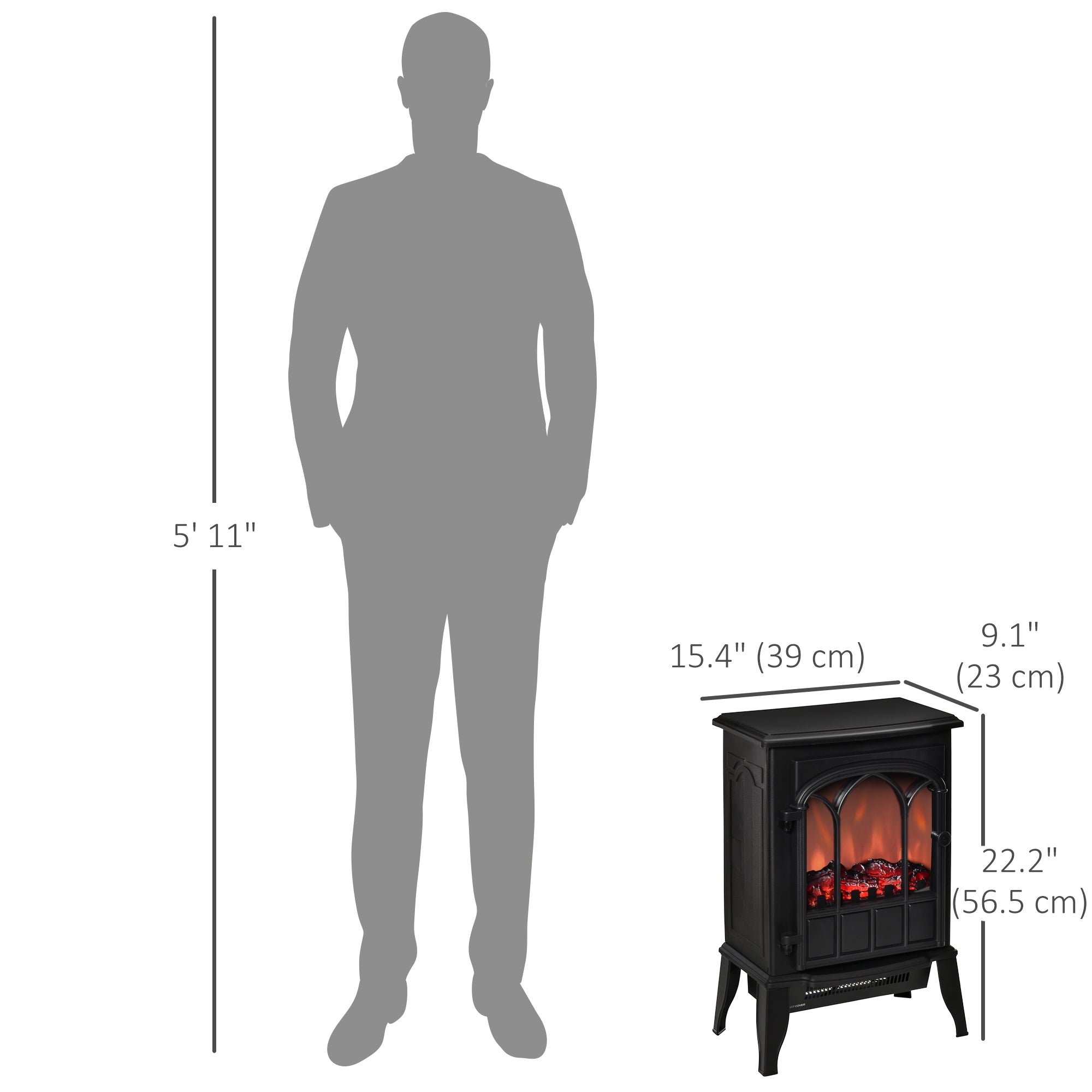 Electric Fireplace Heater, Freestanding Fireplace Stove with Realistic Flame, Adjustable brightness, Overheating Safety System, 750W/1500W Black