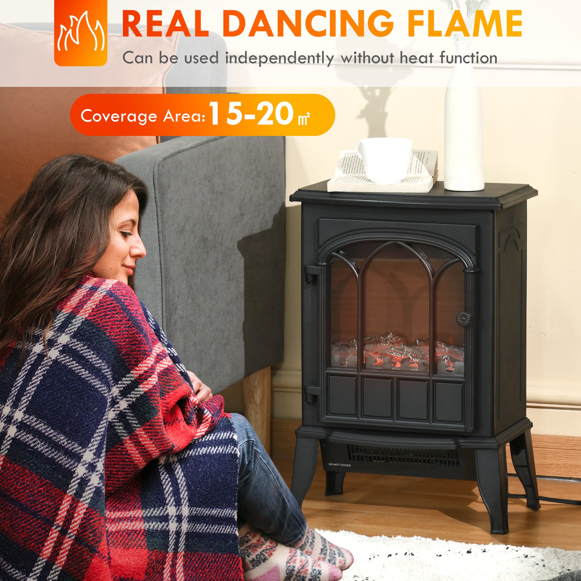 Electric Fireplace Heater, Freestanding Fireplace Stove with Realistic Flame, Adjustable brightness, Overheating Safety System, 750W/1500W Black