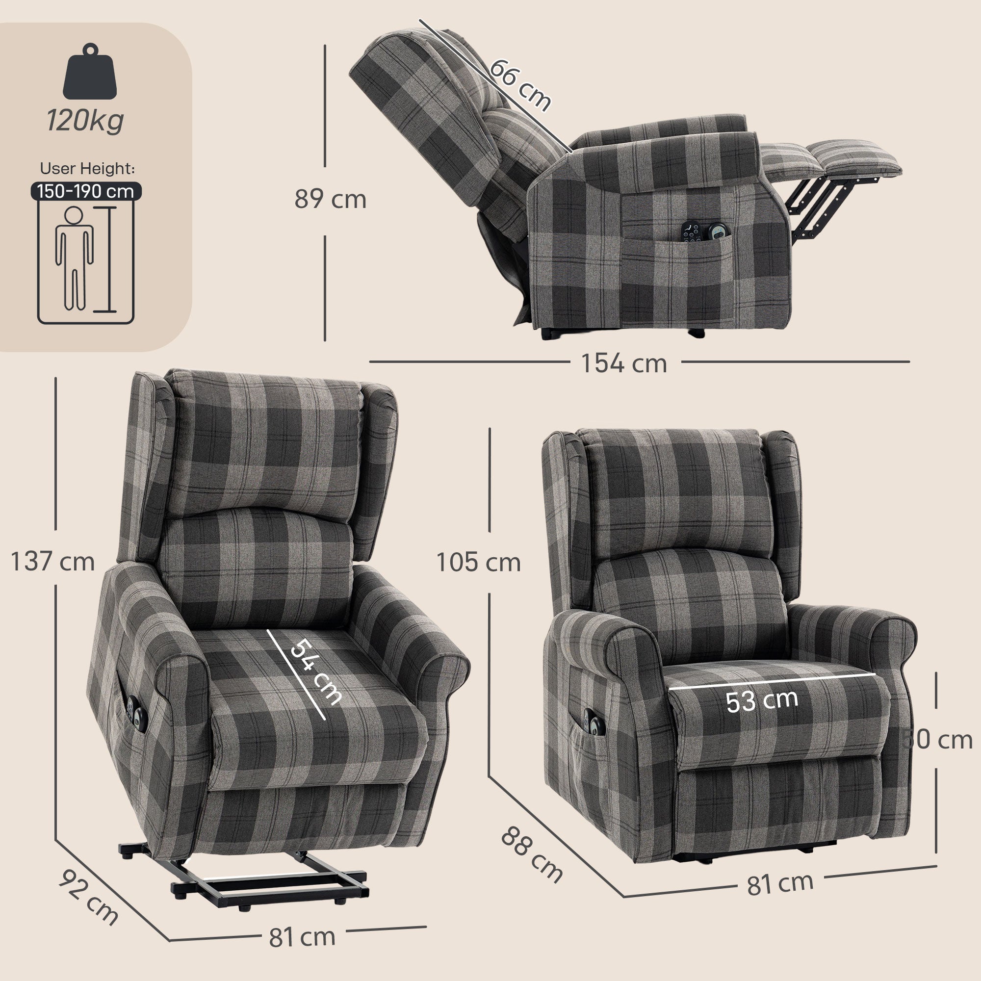 Power Lift Recliner Chair with Vibration Massage and Heat, Checked Electric Lift Chair for Elderly, Fabric Riser and Reclining Armchair with Pocket Spring, Remote, Quick Assembly, Side Pockets