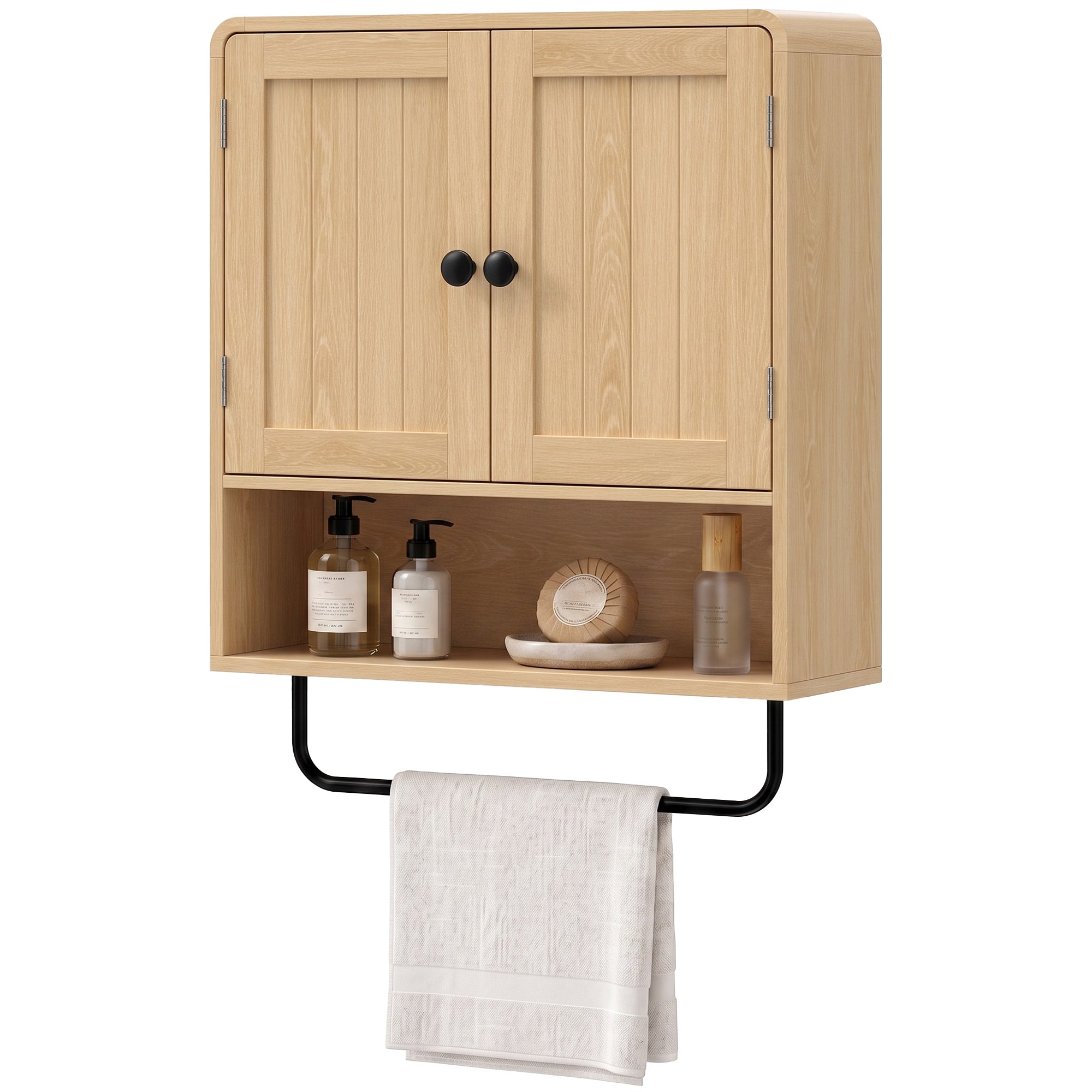 Bathroom Wall Cabinet, Wall Mounted Bathroom Cabinet with 2 Doors, Open Shelf, Towel Bar and Adjustable Shelf Storage for Toilet, Laundry, Oak