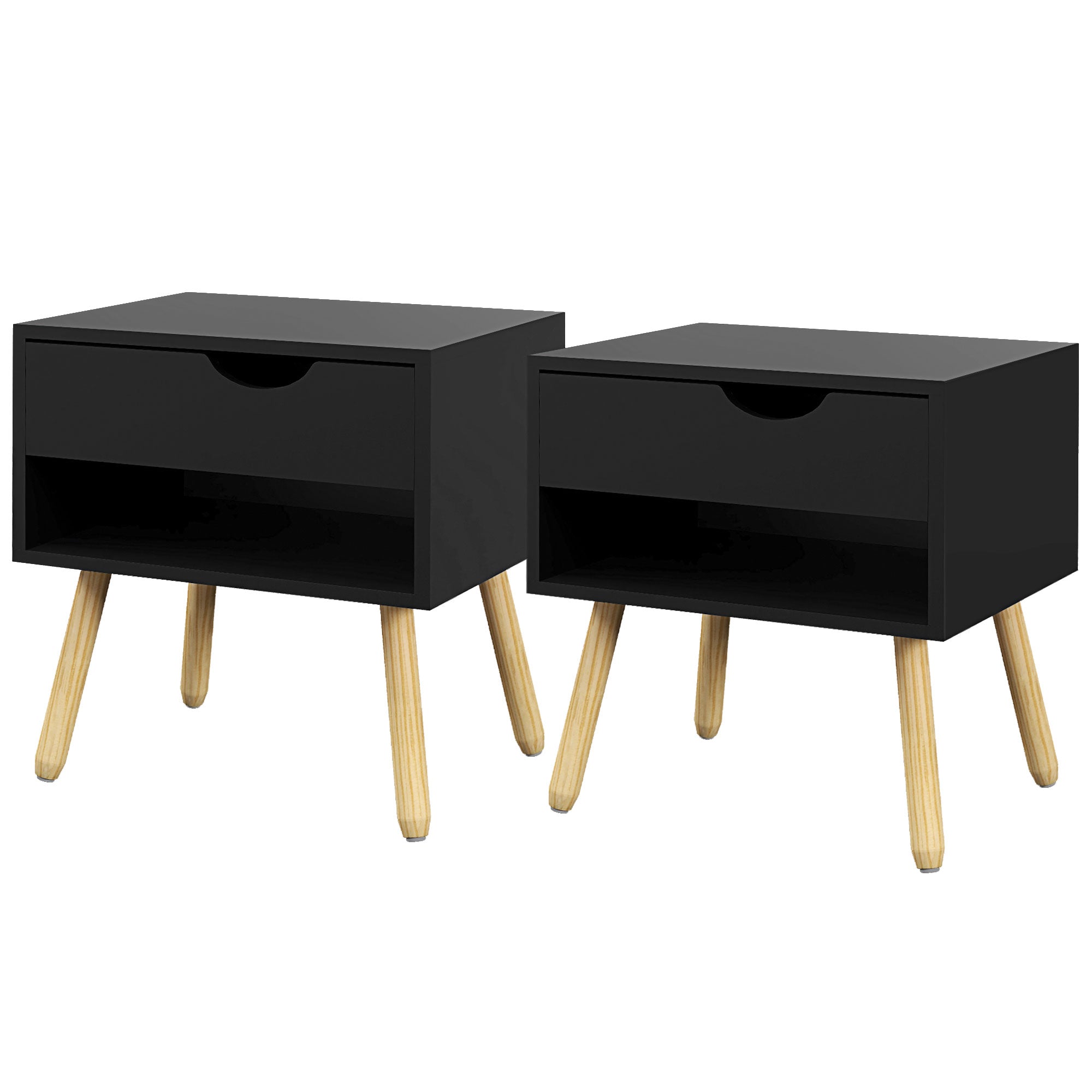 HOMCOM Set of 2 Bedside Table with Drawer and Shelf, Modern Nightstand, End Table for Bedroom, Black