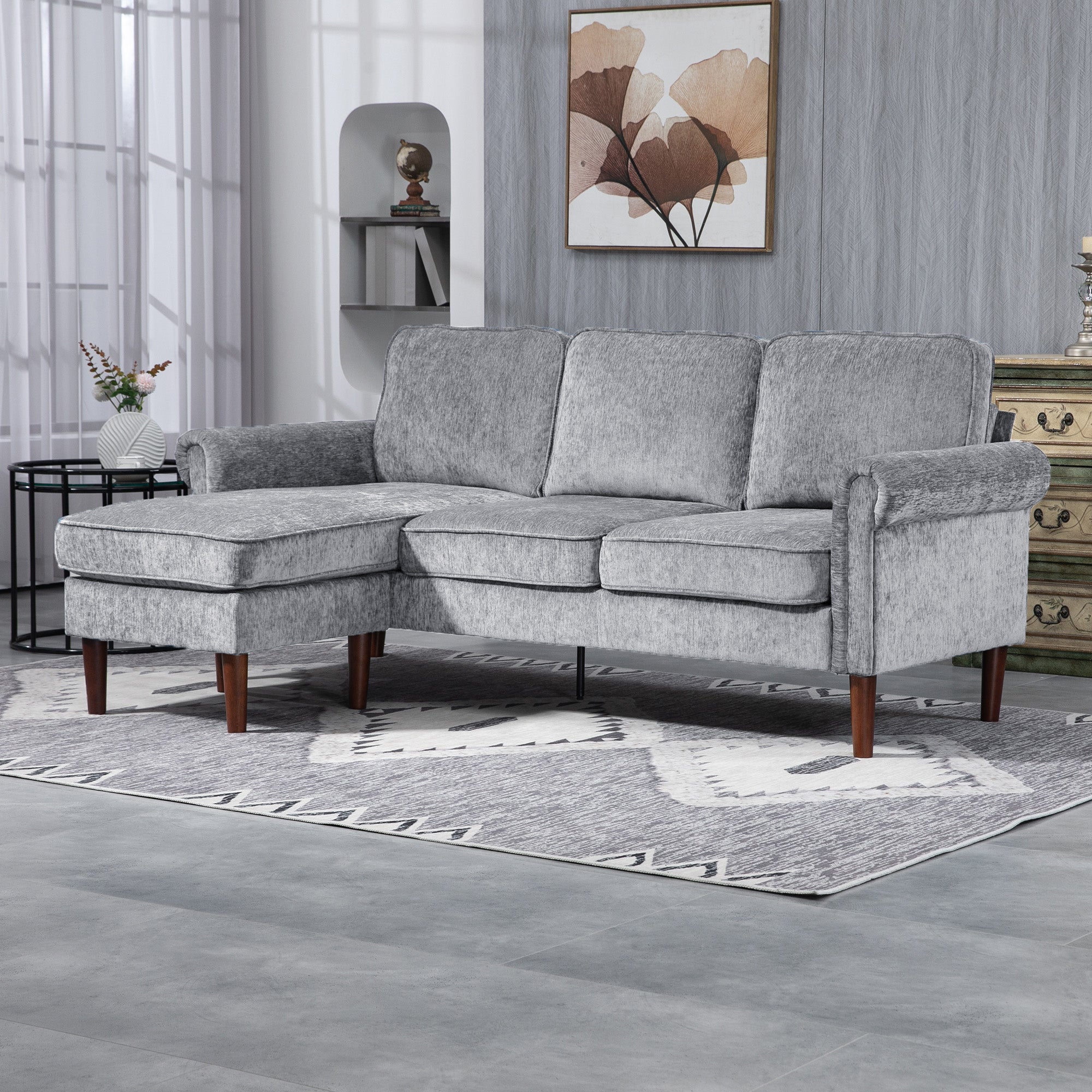 HOMCOM Convertible Sectional Sofa with Reversible Chaise Lounge, Modern Sectional Couch with Wooden Legs, L Shape Corner Sofa for Living Room, Grey