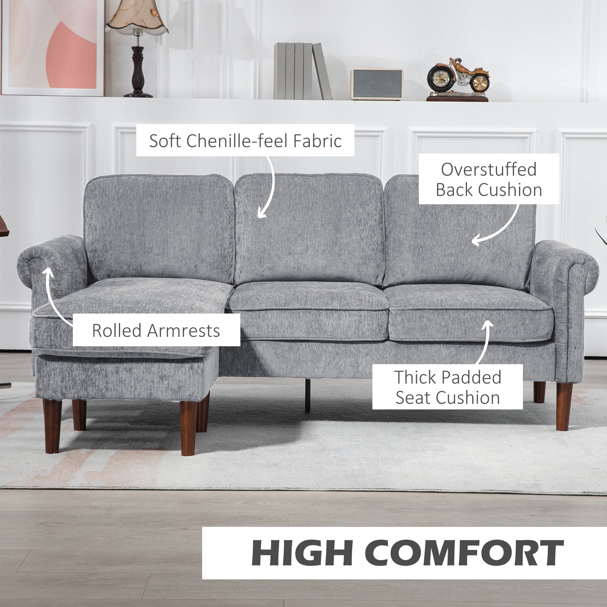 HOMCOM Convertible Sectional Sofa with Reversible Chaise Lounge, Modern Sectional Couch with Wooden Legs, L Shape Corner Sofa for Living Room, Grey