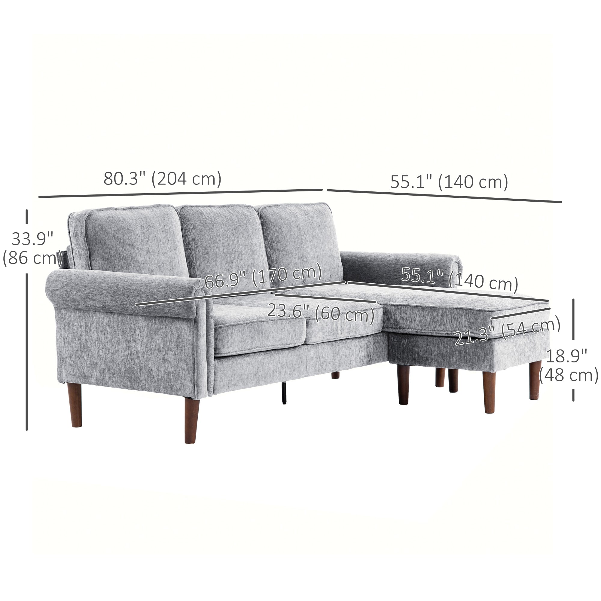 HOMCOM Convertible Sectional Sofa with Reversible Chaise Lounge, Modern Sectional Couch with Wooden Legs, L Shape Corner Sofa for Living Room, Grey