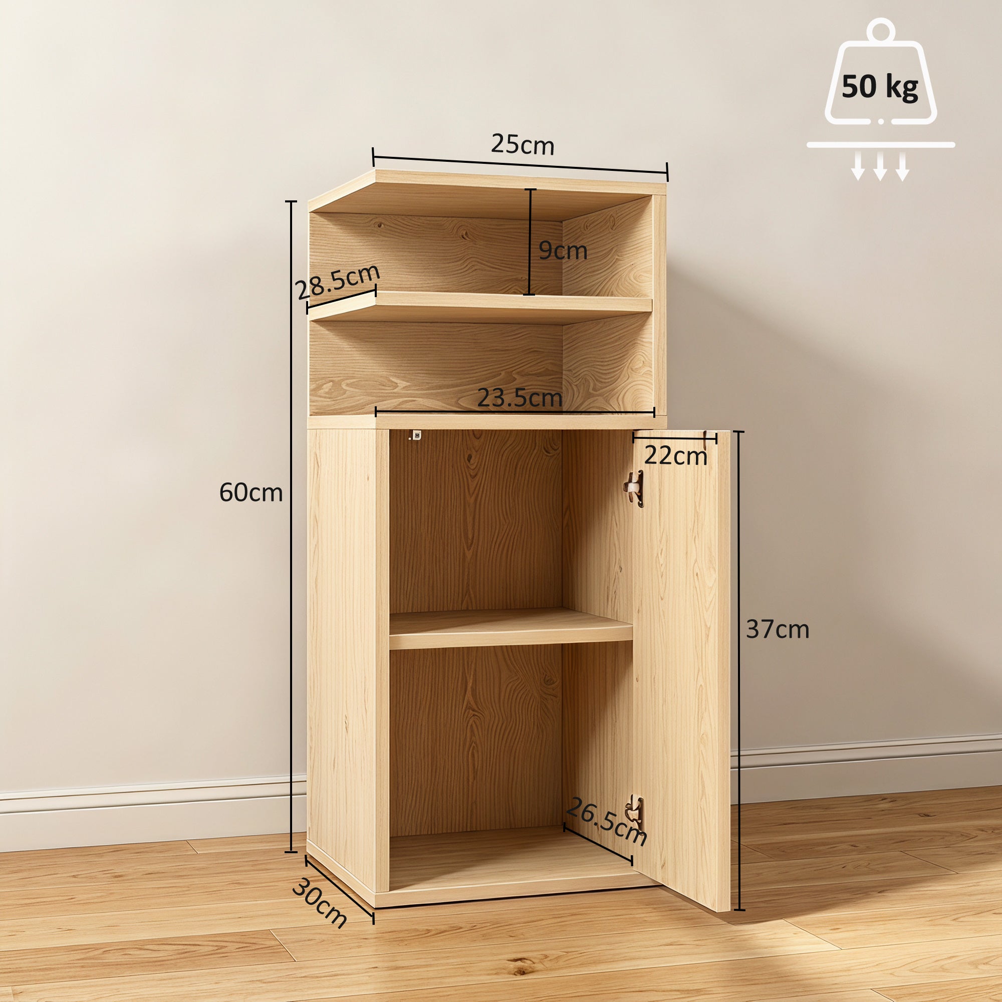 Slim Bedside Table Set of 2, Narrow Bedside Cabinet with Open Cubbies and Cupboard, Side End Table for Bedroom Living Room Compact Nooks, 30 x 25 x 60 cm, Oak