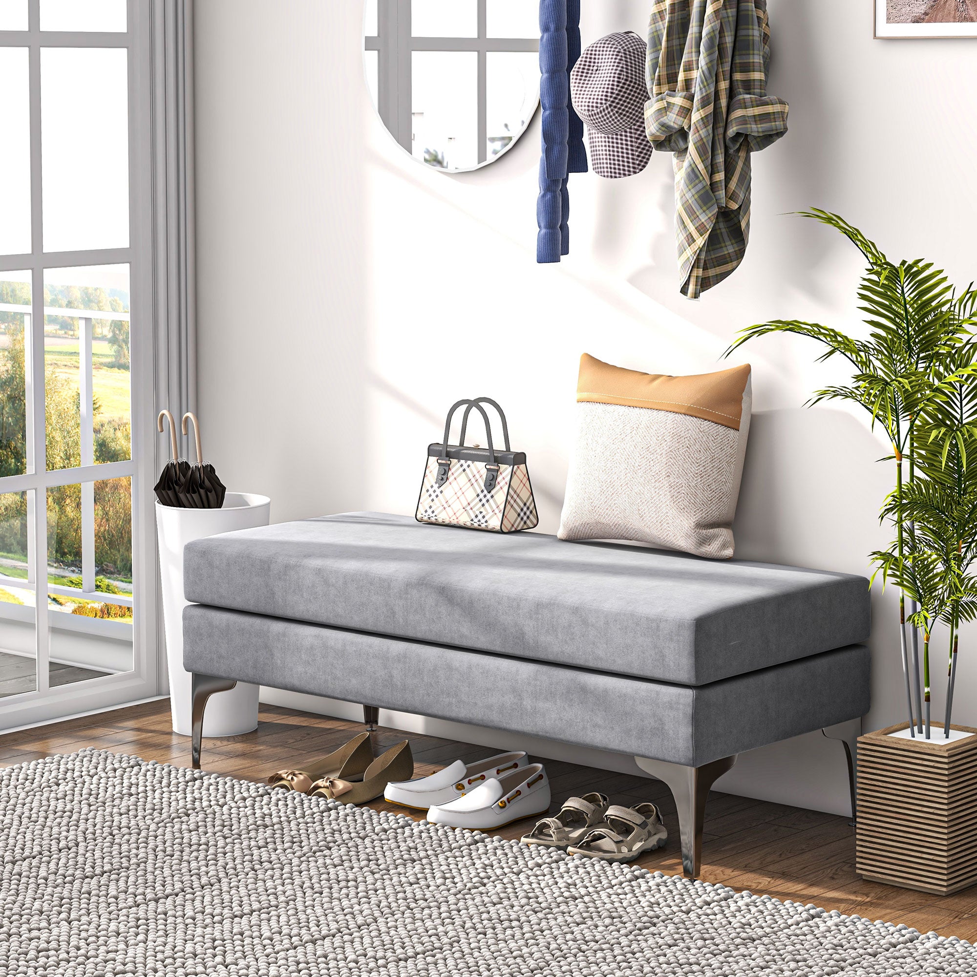 48 Inches Upholstered Bedroom Bench Modern End of Bed with Double Layer Cushions and Steel Legs Light Gray