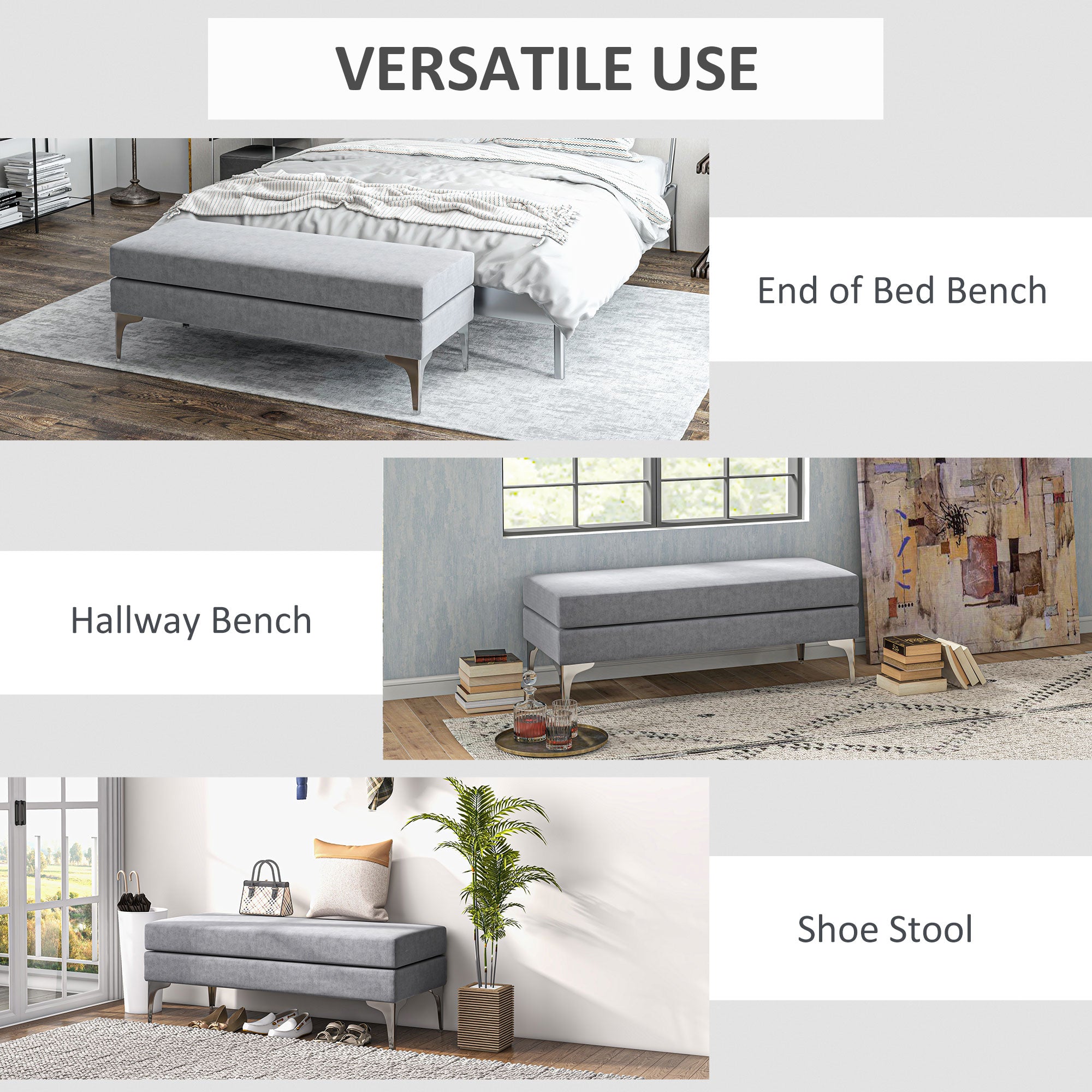 48 Inches Upholstered Bedroom Bench Modern End of Bed with Double Layer Cushions and Steel Legs Light Gray