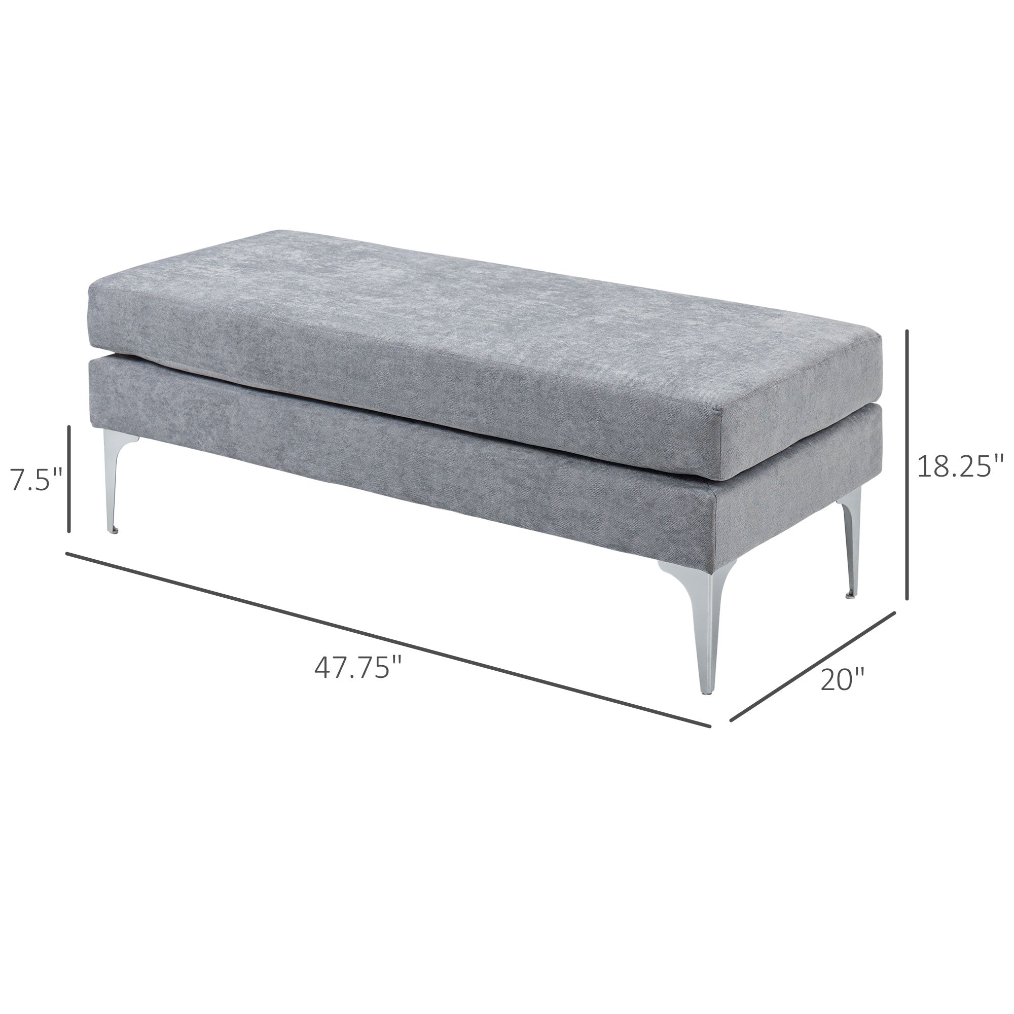 48 Inches Upholstered Bedroom Bench Modern End of Bed with Double Layer Cushions and Steel Legs Light Gray