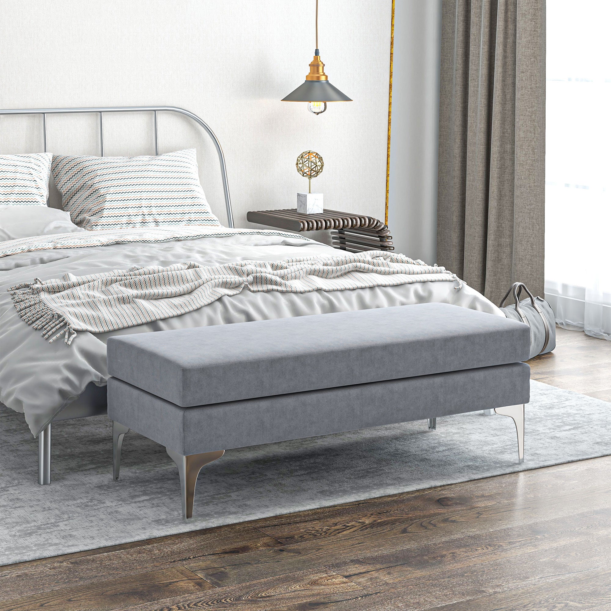 48 Inches Upholstered Bedroom Bench Modern End of Bed with Double Layer Cushions and Steel Legs Light Gray