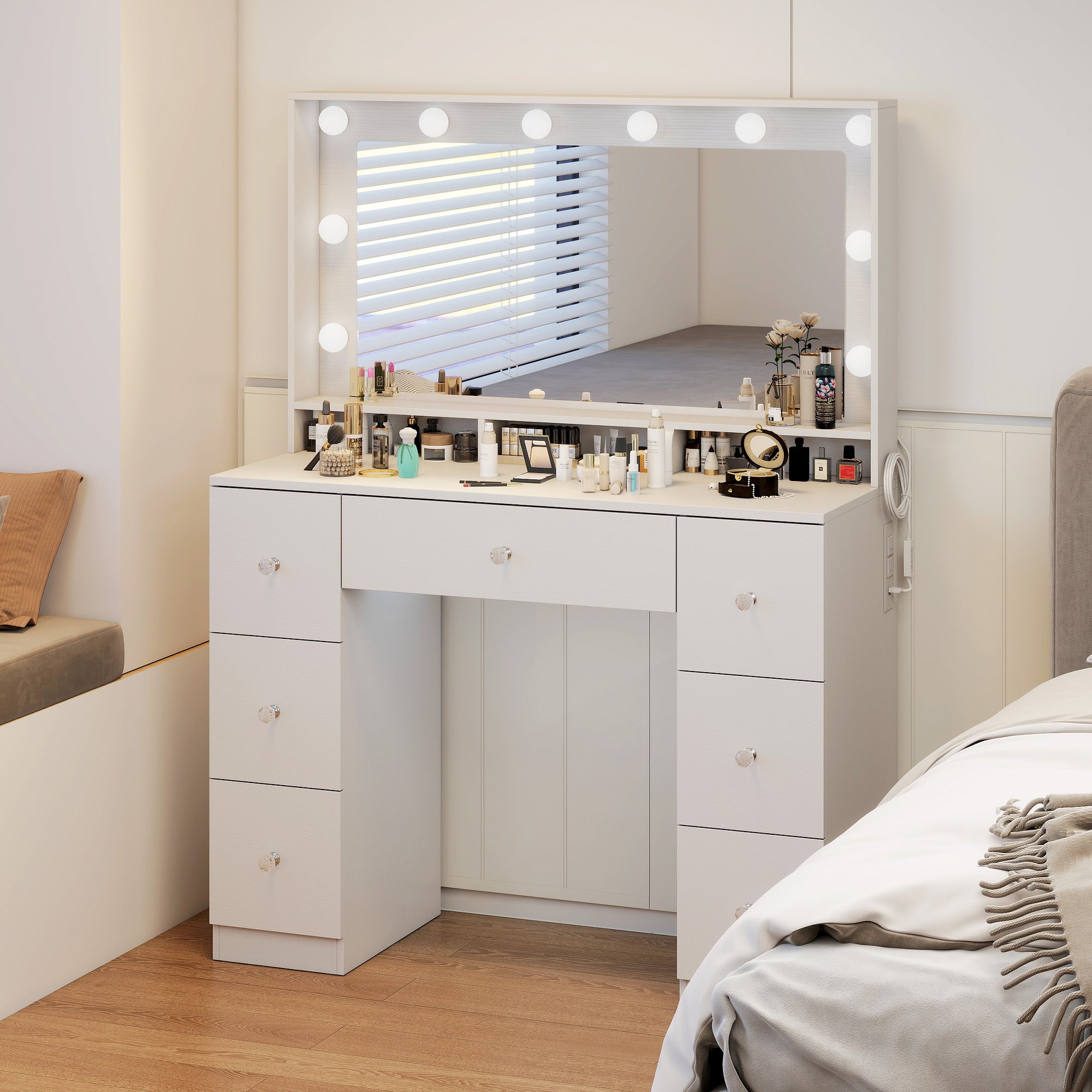 Vanity Desk with 10 Hollywood LED Lights, 3 Colours and Mirror, Makeup Vanity with Charging Station, Dressing Table with 7 Drawers for Bedroom, White