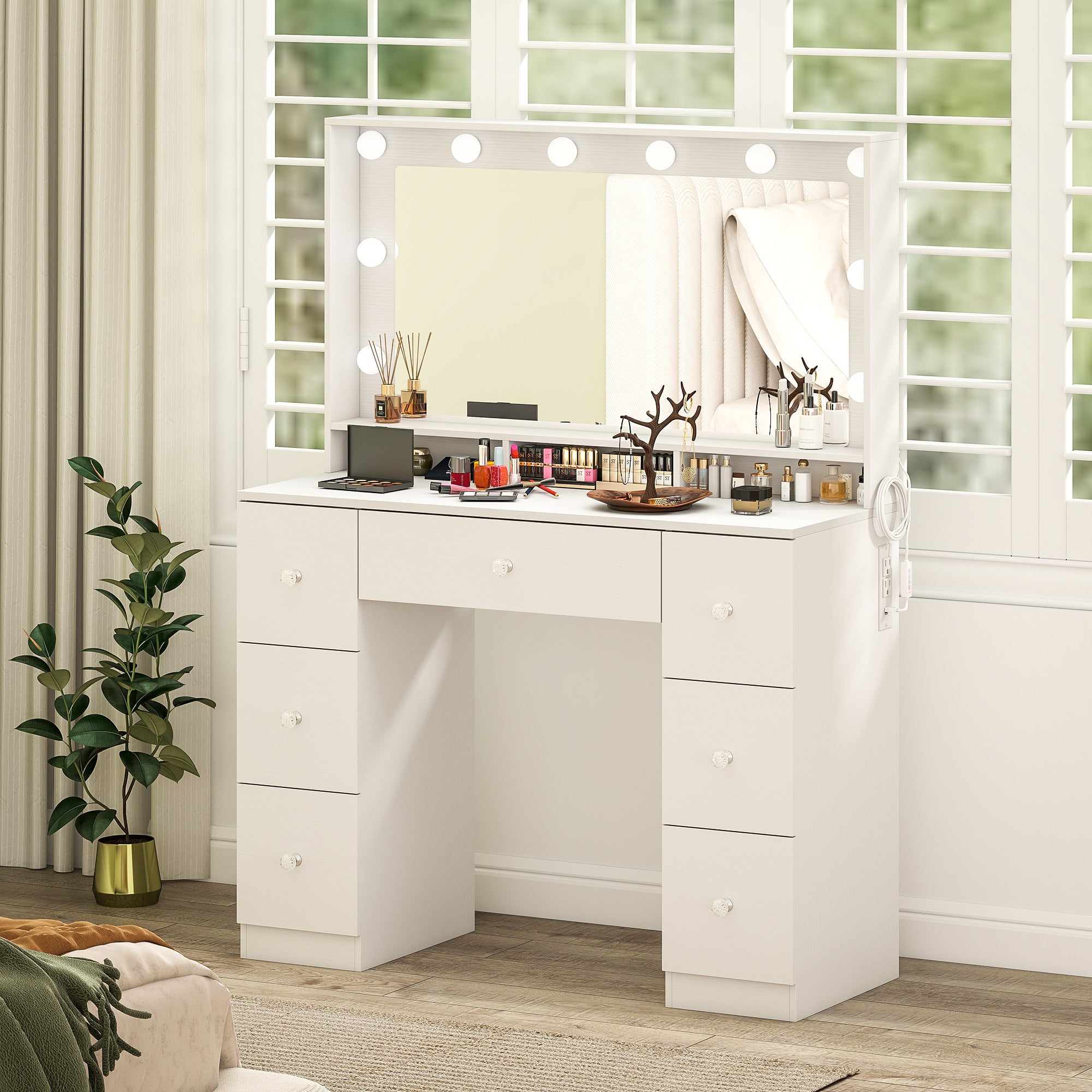 Vanity Desk with 10 Hollywood LED Lights, 3 Colours and Mirror, Makeup Vanity with Charging Station, Dressing Table with 7 Drawers for Bedroom, White