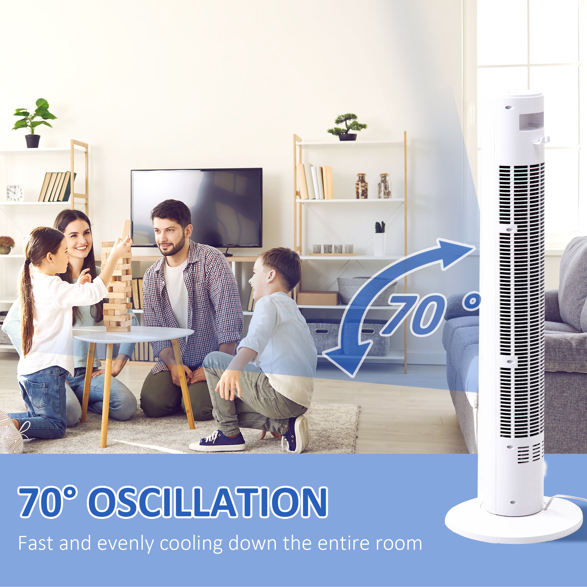 38 Inch Tower Fan for Bedroom Cooling 70° Oscillating 3 Speeds 12H Timer Remote Control White