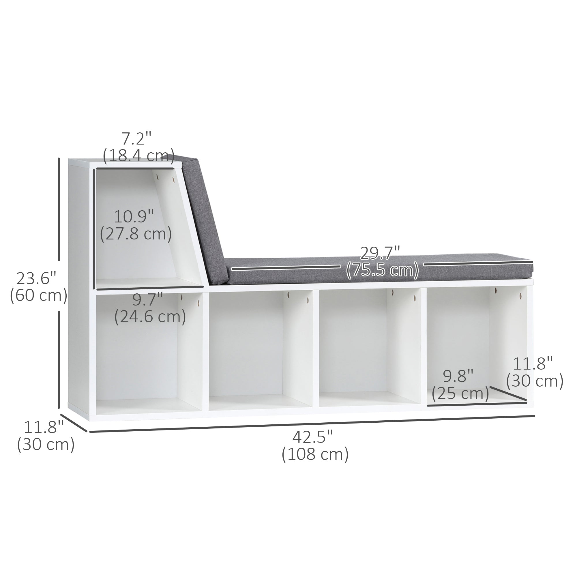 HOMCOM Bookshelf with Reading Nook, Bookcase with Seat Cushion, 5 Cube Storage Shelf for Home Office, Study, Grey