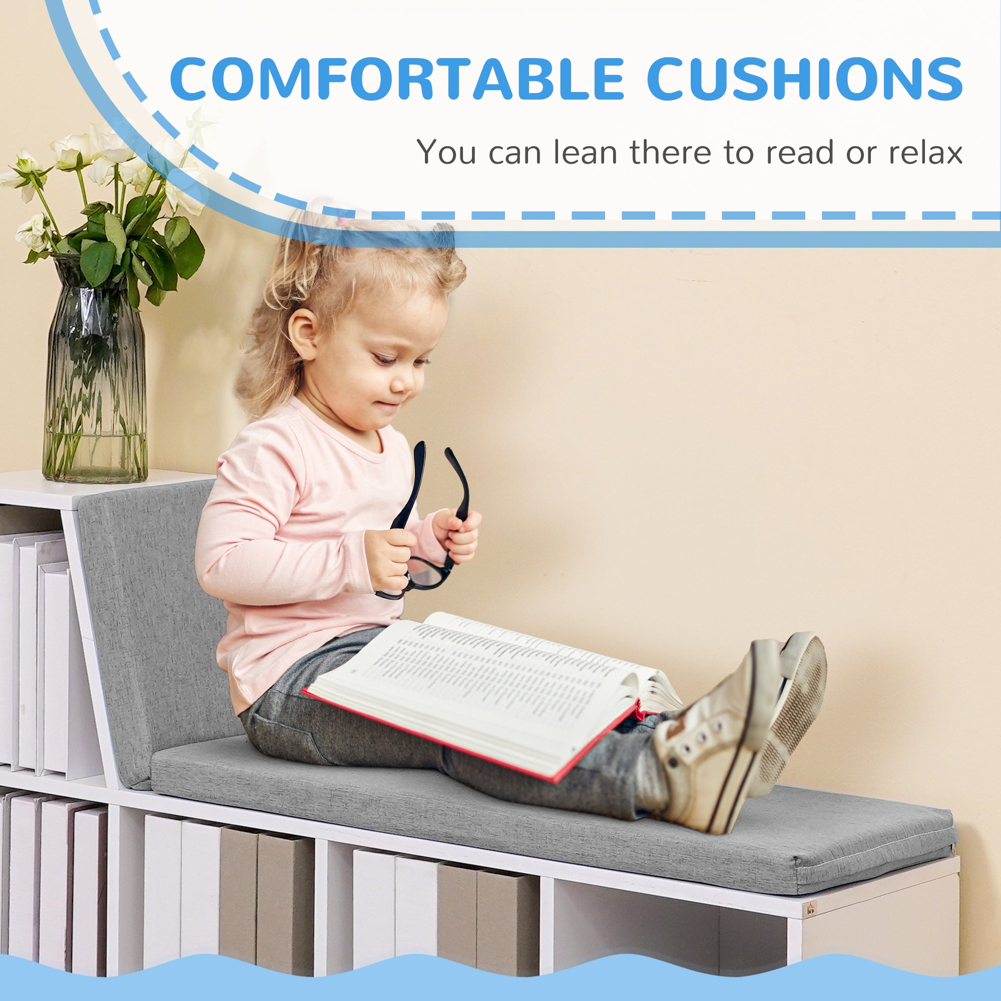 HOMCOM Bookshelf with Reading Nook, Bookcase with Seat Cushion, 5 Cube Storage Shelf for Home Office, Study, Grey