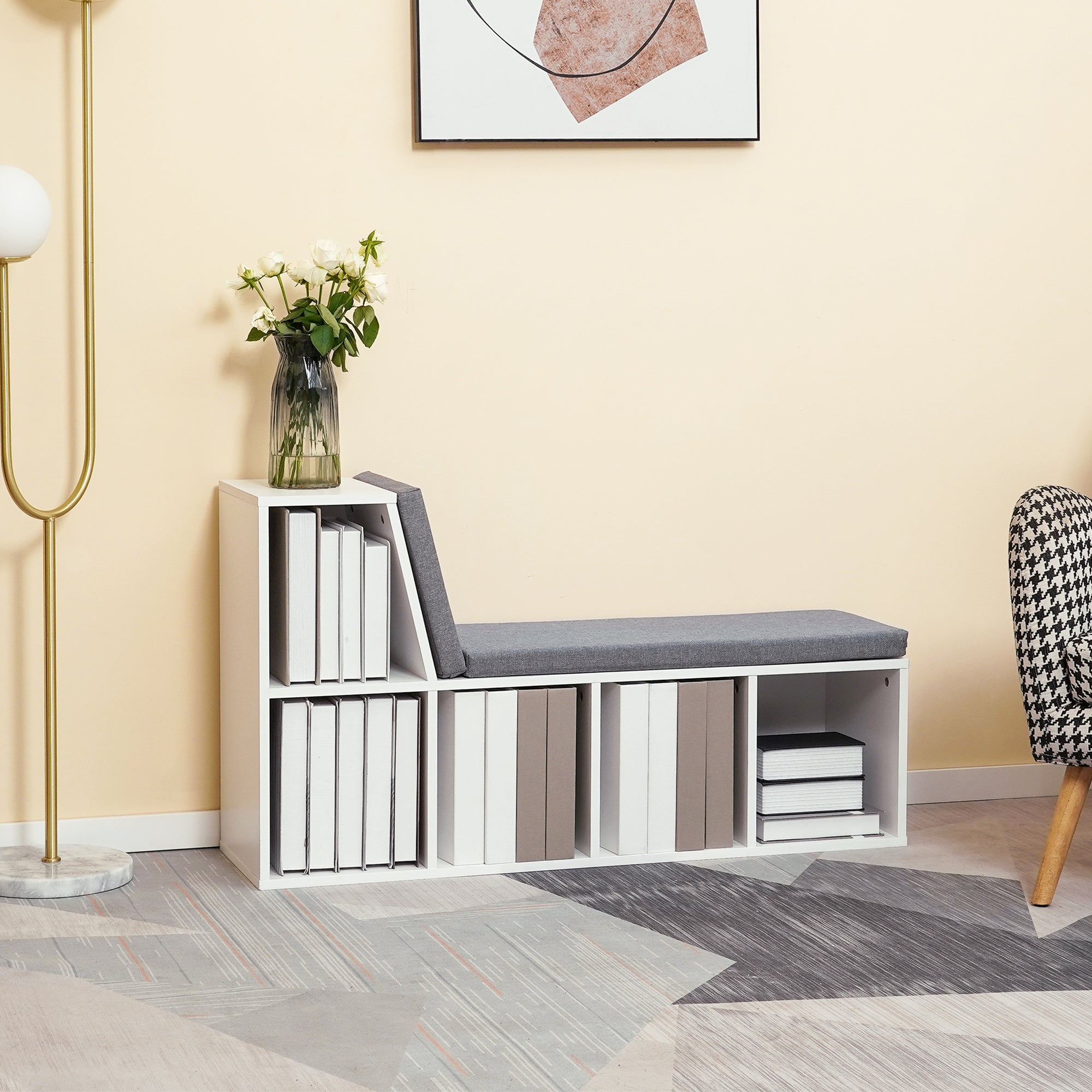 HOMCOM Bookshelf with Reading Nook, Bookcase with Seat Cushion, 5 Cube Storage Shelf for Home Office, Study, Grey