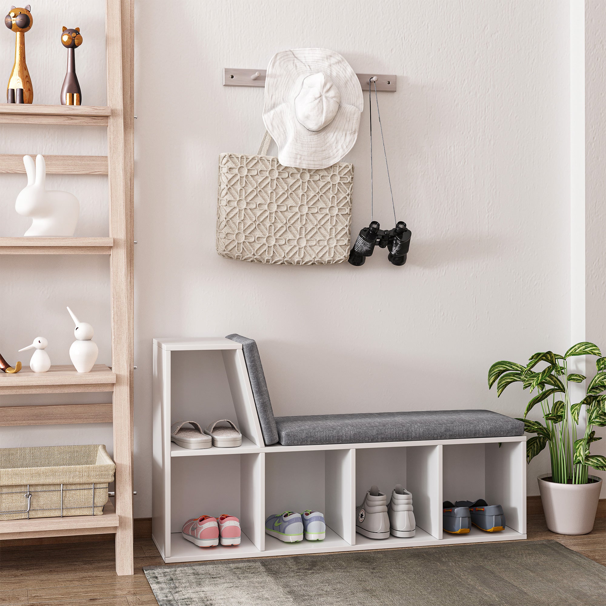 HOMCOM Bookshelf with Reading Nook, Bookcase with Seat Cushion, 5 Cube Storage Shelf for Home Office, Study, Grey
