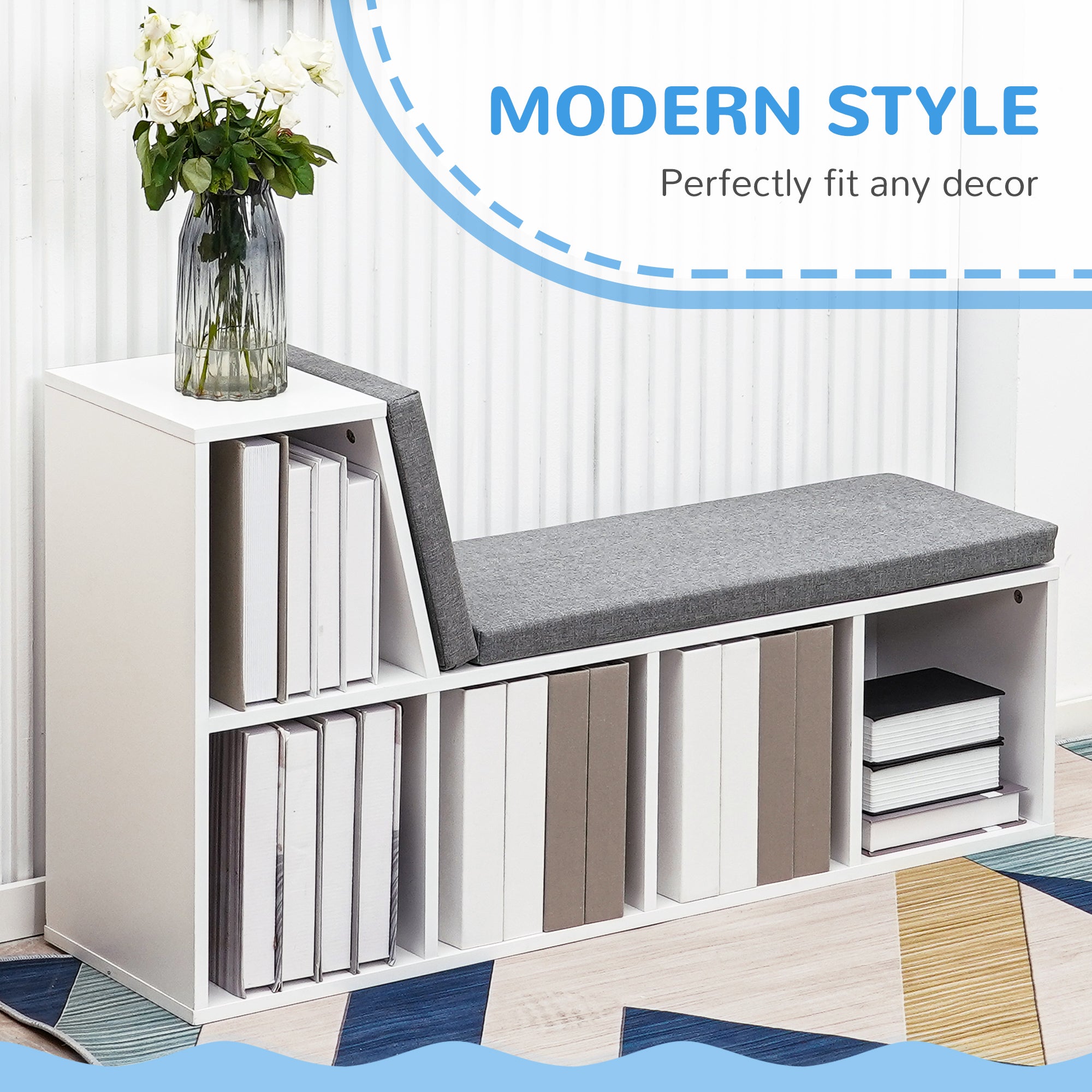 HOMCOM Bookshelf with Reading Nook, Bookcase with Seat Cushion, 5 Cube Storage Shelf for Home Office, Study, Grey