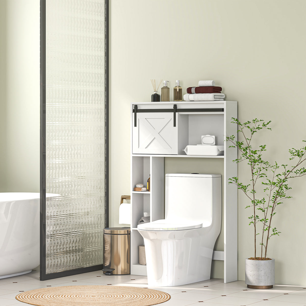 Over-Toilet Storage Cabinet with Sliding Barn Door, Farmhouse Bathroom Cabinet with Compartments & Adjustable Shelf, Freestanding Bathroom Space Saver for Restroom, White