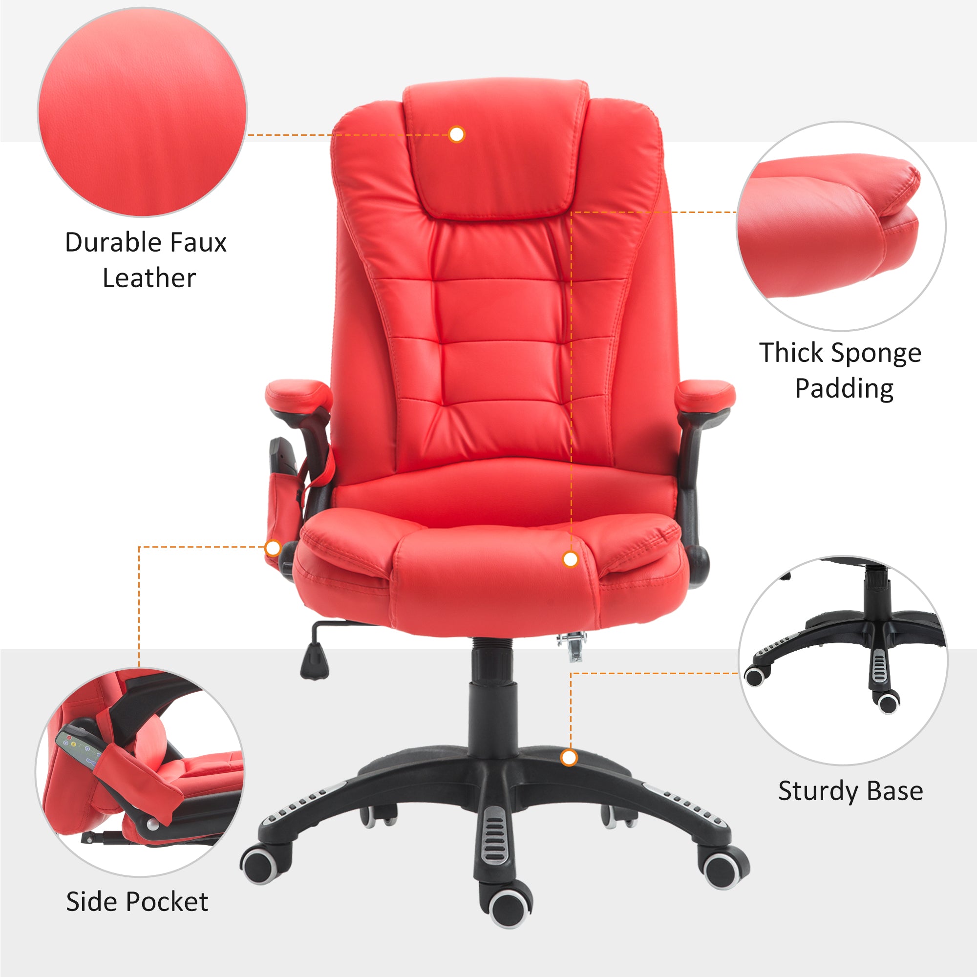 HOMCOM Adjustable Heated Ergonomic Massage Office Chair Swivel Vibrating High Back Faux Leather Executive Chair Home Office Furniture (Red)