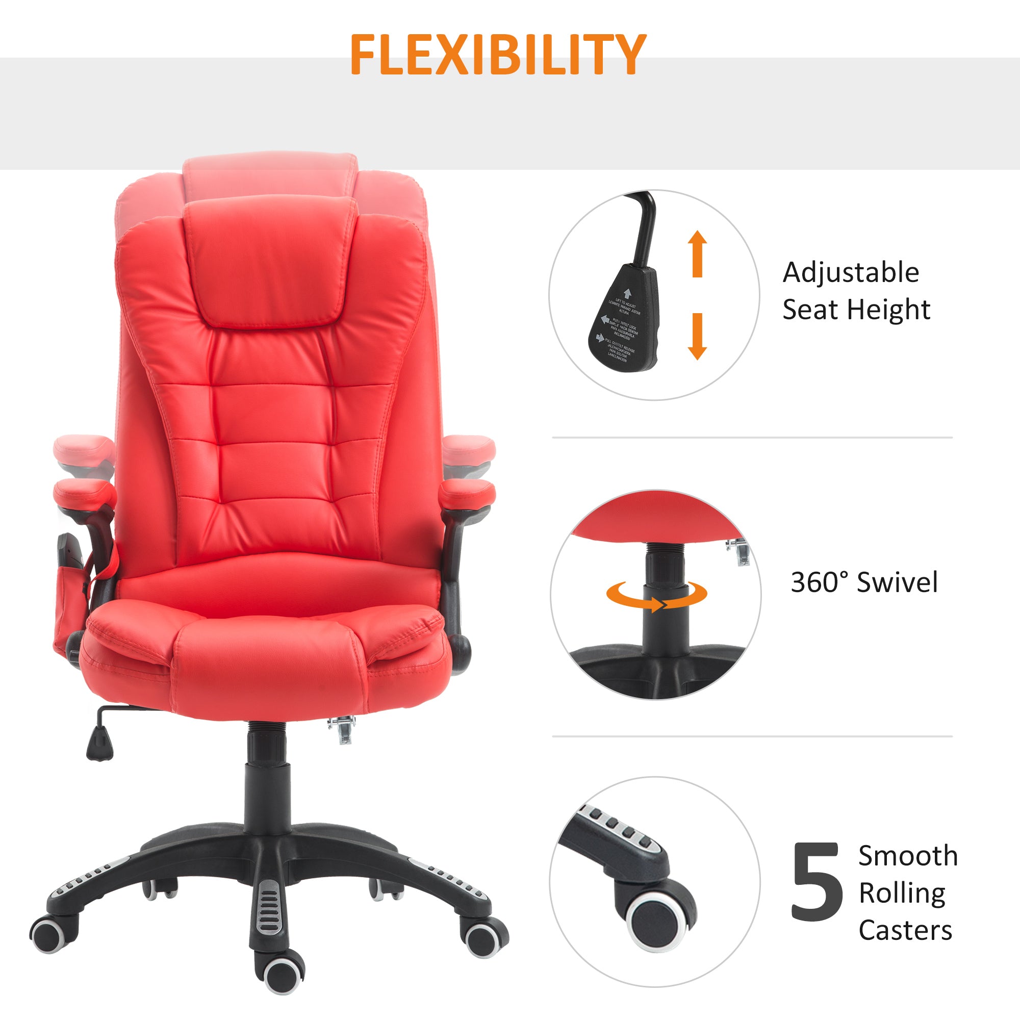 HOMCOM Adjustable Heated Ergonomic Massage Office Chair Swivel Vibrating High Back Faux Leather Executive Chair Home Office Furniture (Red)