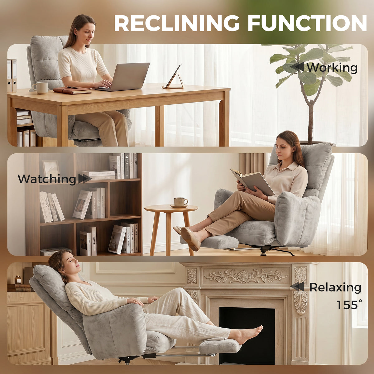 Office Chair with Foot Rest, Ergonomic Reclining Computer Gaming Chair with Snow Flannel Fabric, Thick Cushion, Padded Armrest, High Back and Adjustable Height, Light Grey