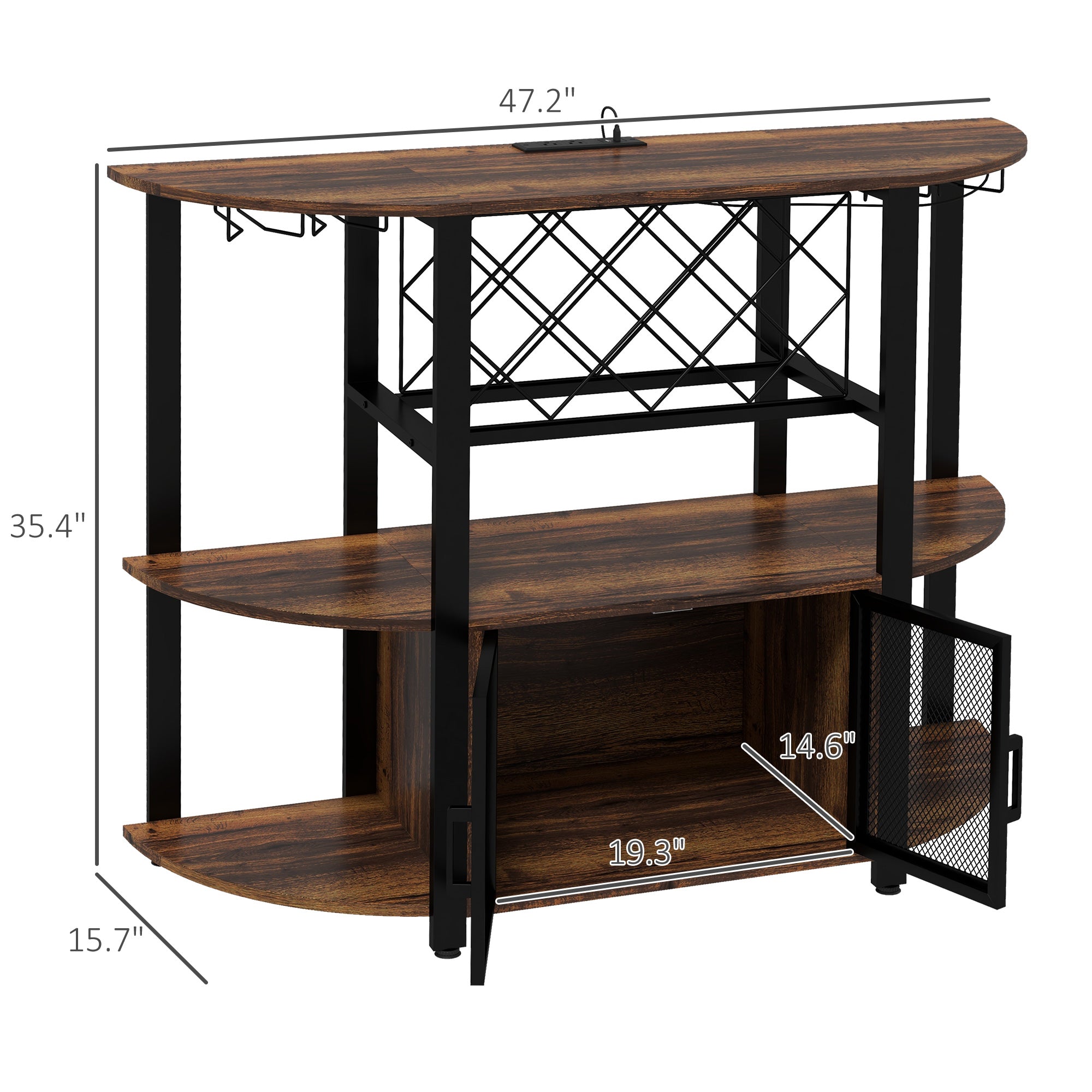 Wine Liquor Cabinet Mini Bar Table with Charging Station LED Lighted & Glass Holders Rustic Brown