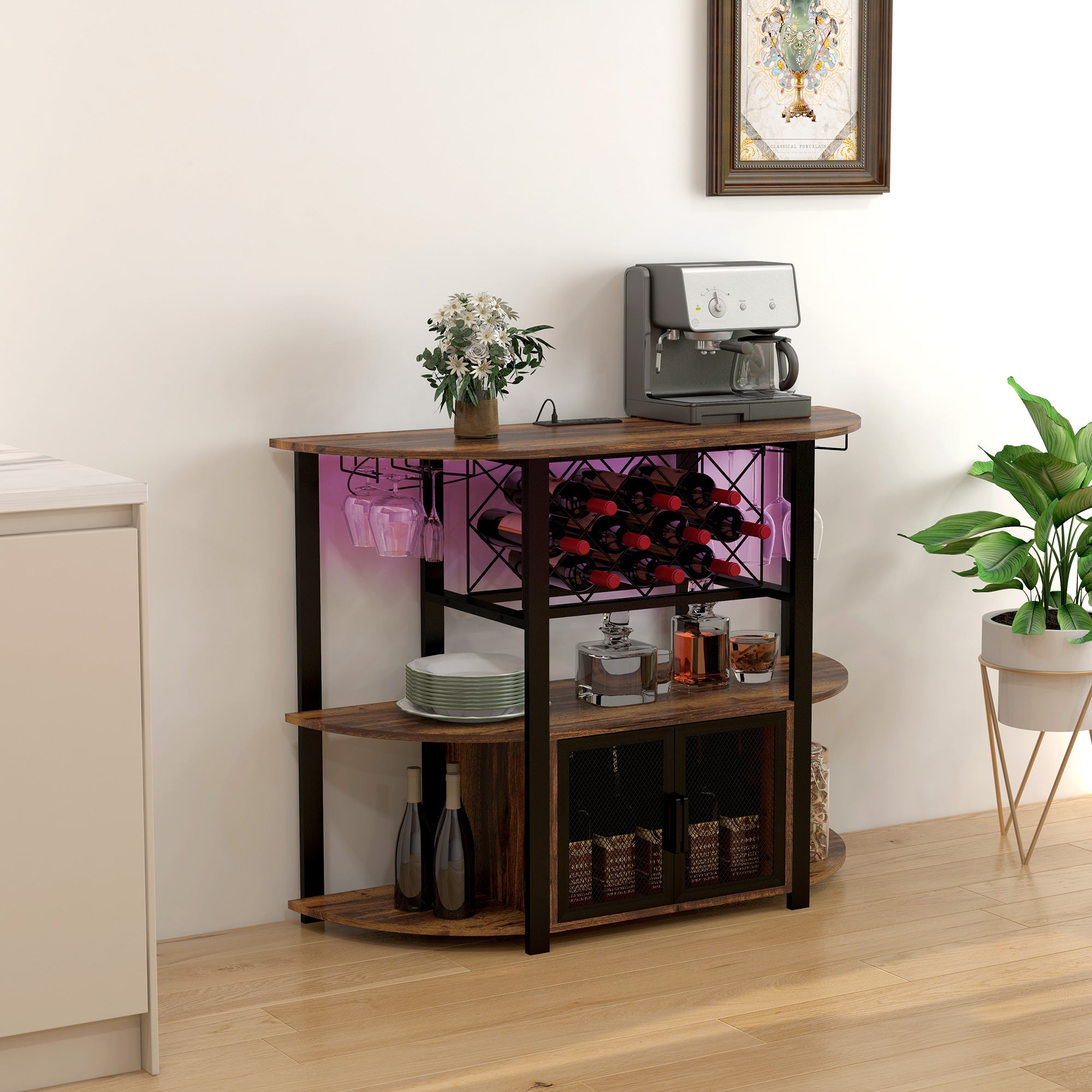 Wine Liquor Cabinet Mini Bar Table with Charging Station LED Lighted & Glass Holders Rustic Brown