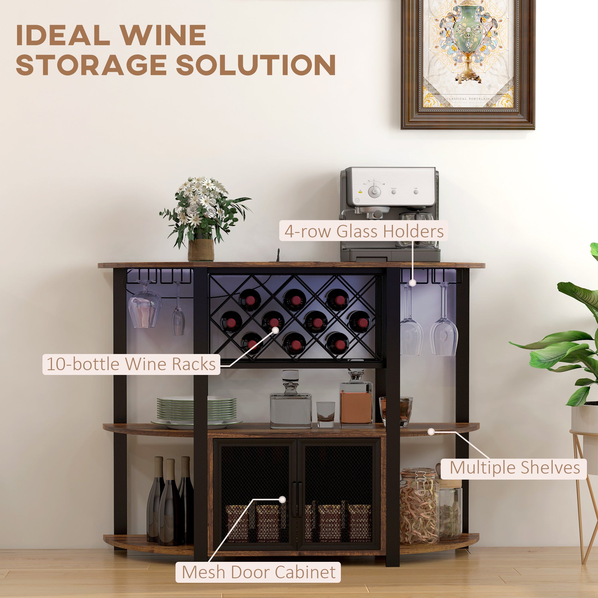 Wine Liquor Cabinet Mini Bar Table with Charging Station LED Lighted & Glass Holders Rustic Brown