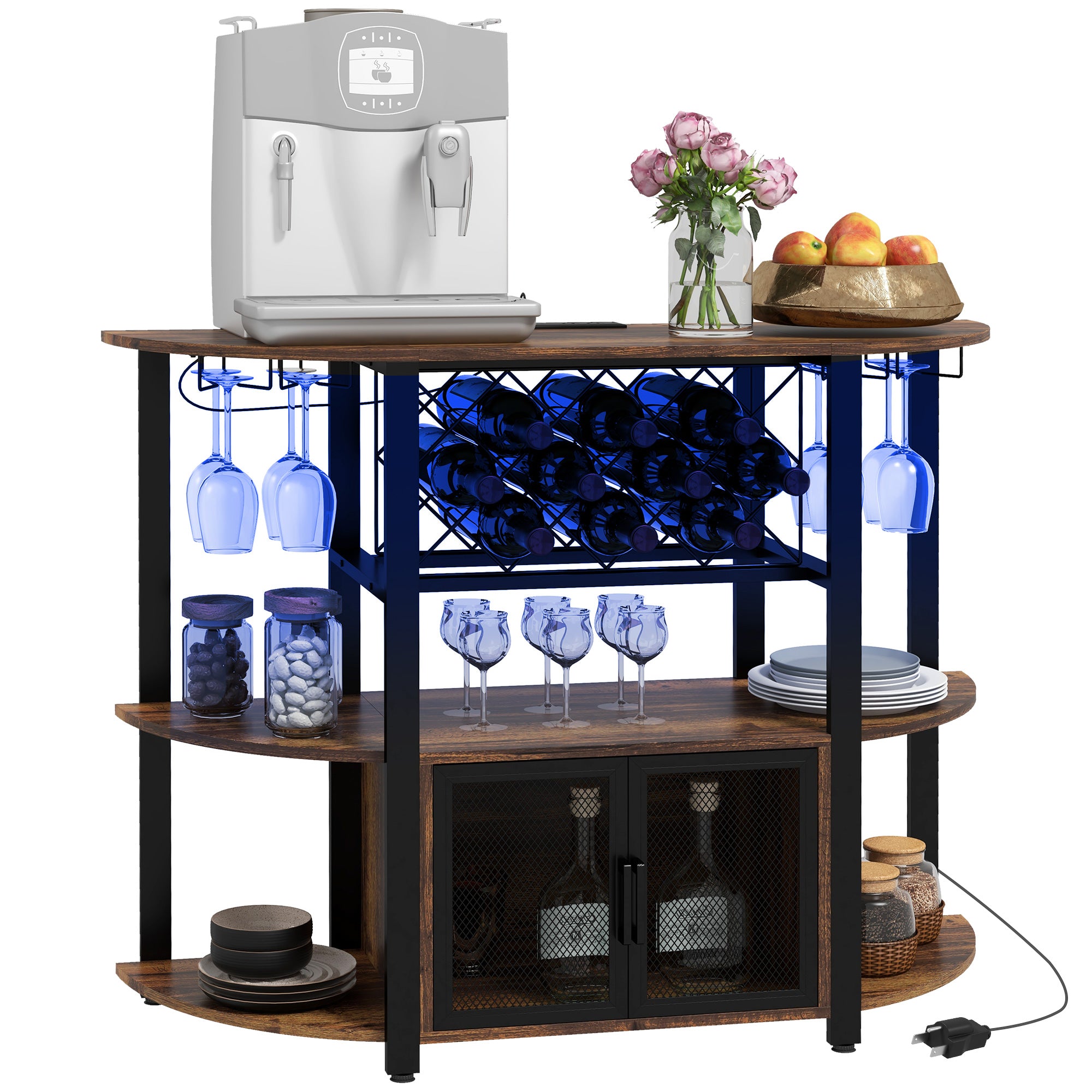 Wine Liquor Cabinet Mini Bar Table with Charging Station LED Lighted & Glass Holders Rustic Brown