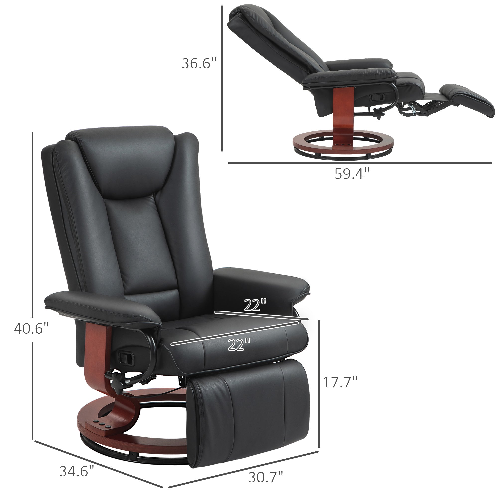 Manual Swivel Recliner Chair, PU Leather Reclining Chair with Footrest for Living Room, Black