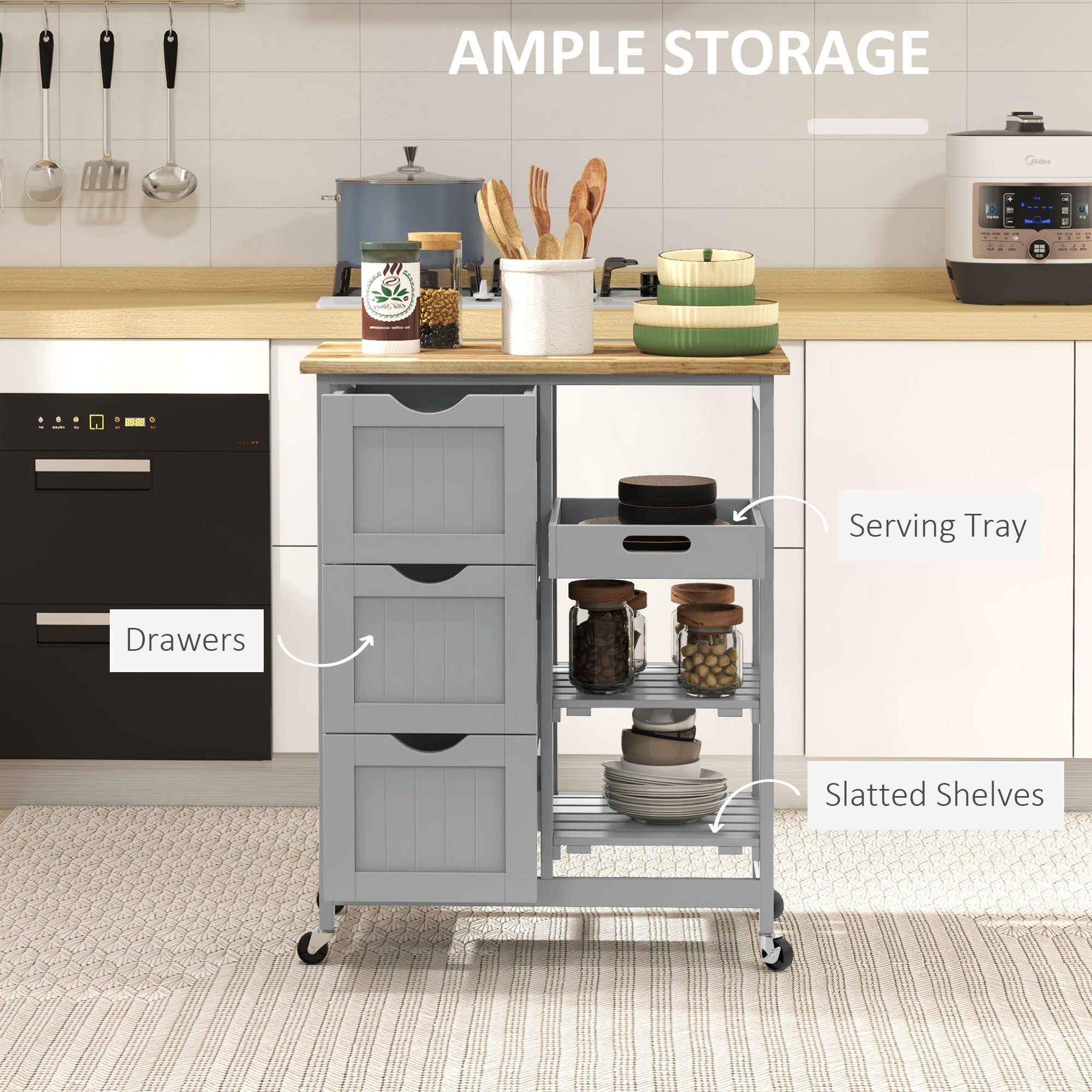 Rolling Kitchen Island Cart, Bar Serving Cart, Compact Trolley on Wheels with Wood Top, Shelves & Drawers for Home Dining Area, Grey