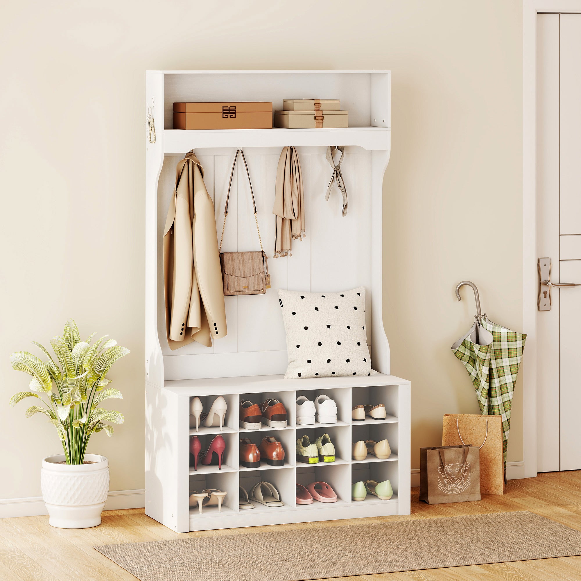 4-In-1 Hall Tree with Bench and Shoe Storage, Farmhouse Entryway Coat Rack Shoe Bench with 12 Shoe Cubbies, 6 Hooks and Open Shelf for Hallway, White