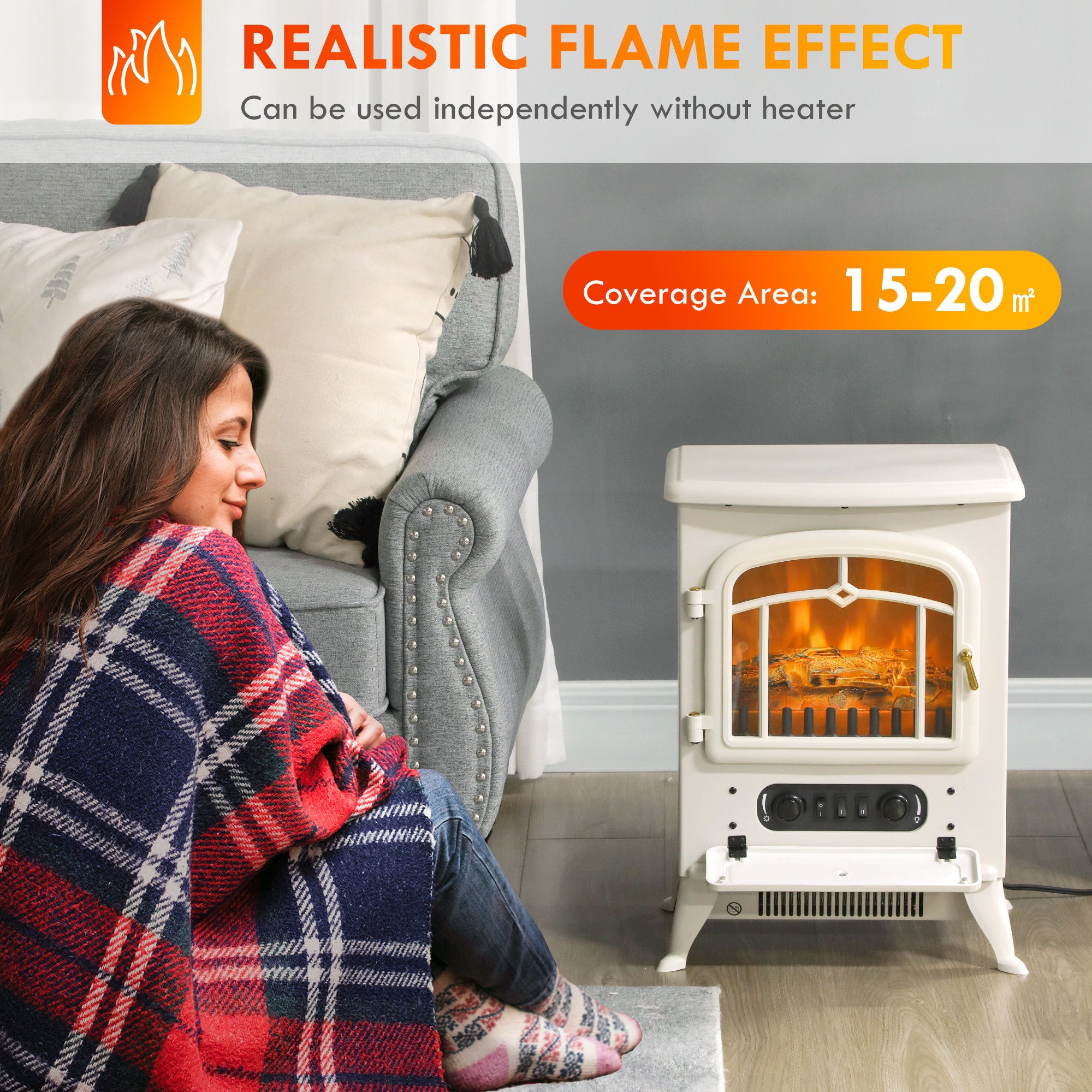 Fireplace Stove Electric Heater with Realistic LED Flames and Logs 750W/1500W Beige