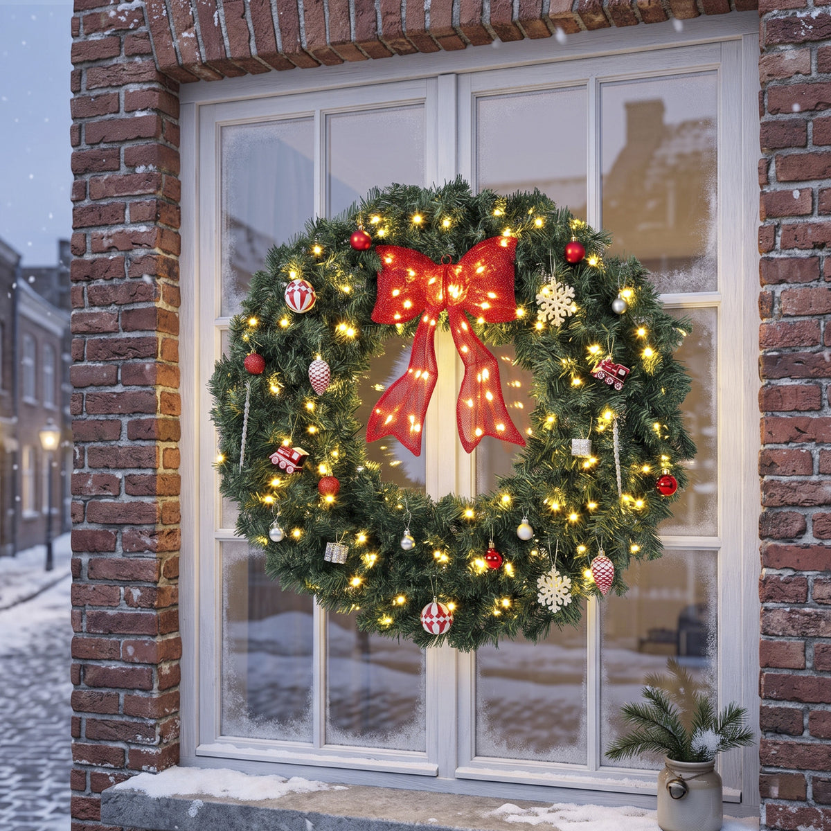 36 Inch Pre-Lit Christmas Wreath for Front Door with 130 LED Lights, Lighted Bow and 21 Ornament Set, Artificial Xmas Wreath for Covered Porch, Wall Decoration, Green