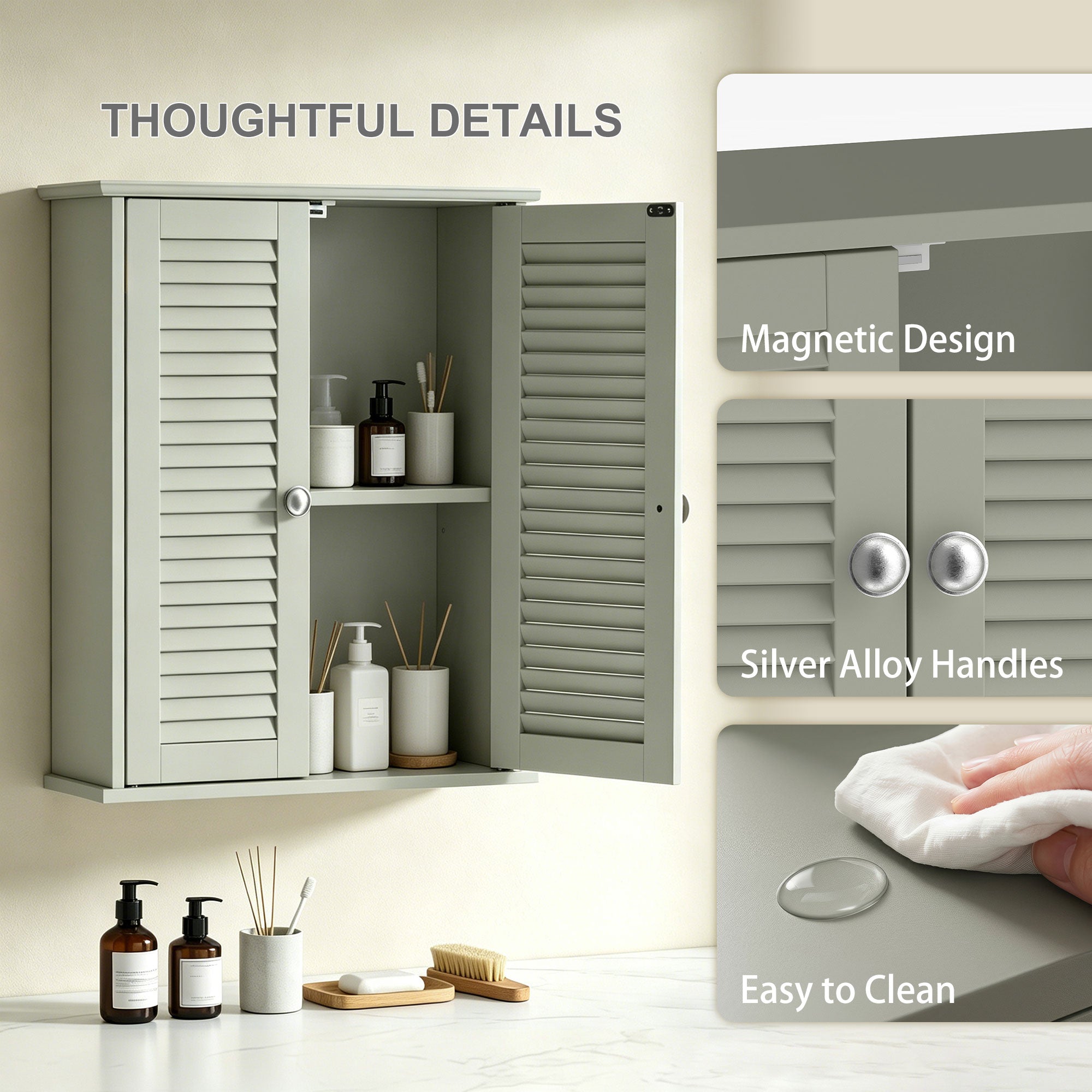 Bathroom Wall Cabinet, Wall-Mounted Over-The-Toilet Space Saver with Louvered Doors and Adjustable Shelf Storage for Kitchen, Living Room, Light Green