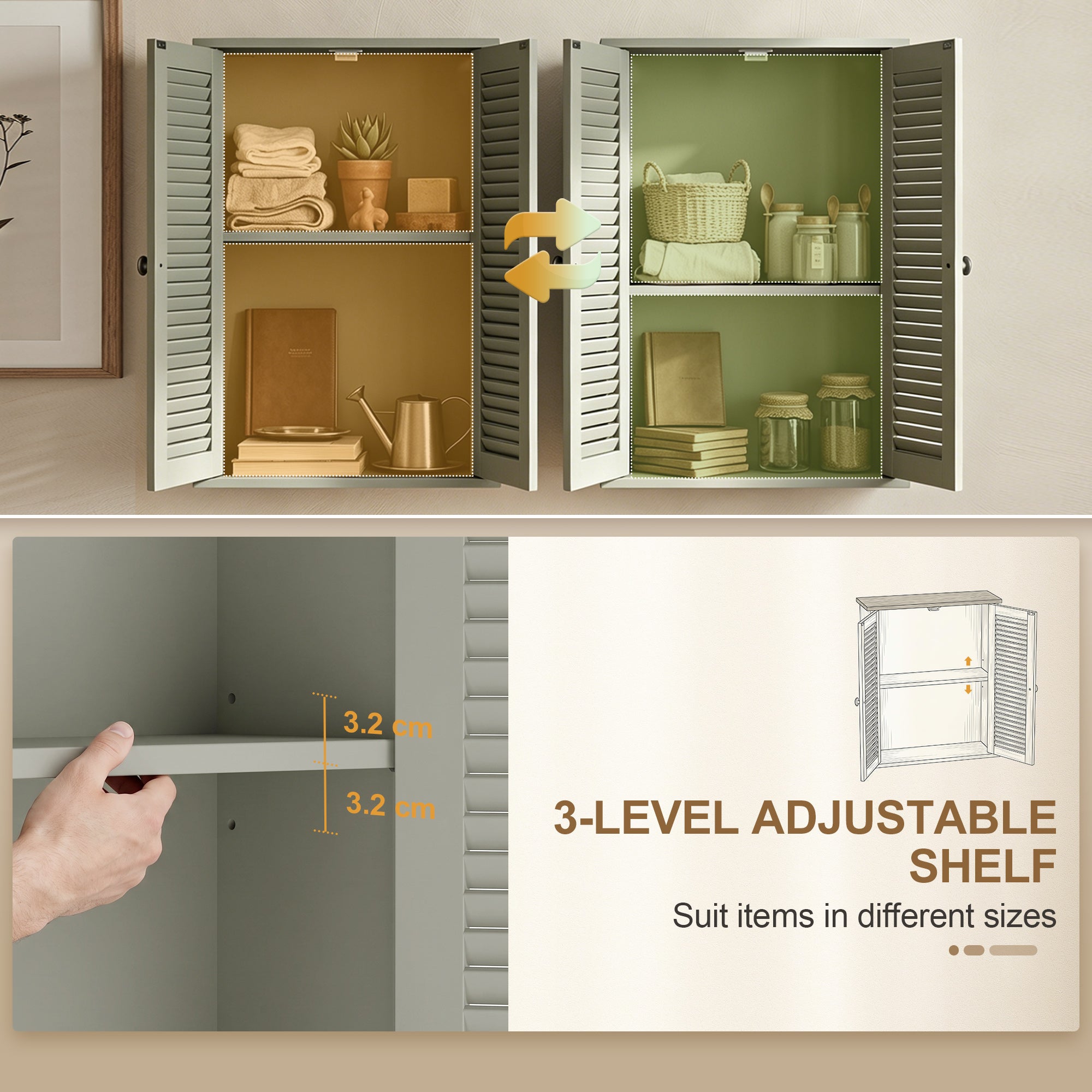Bathroom Wall Cabinet, Wall-Mounted Over-The-Toilet Space Saver with Louvered Doors and Adjustable Shelf Storage for Kitchen, Living Room, Light Green