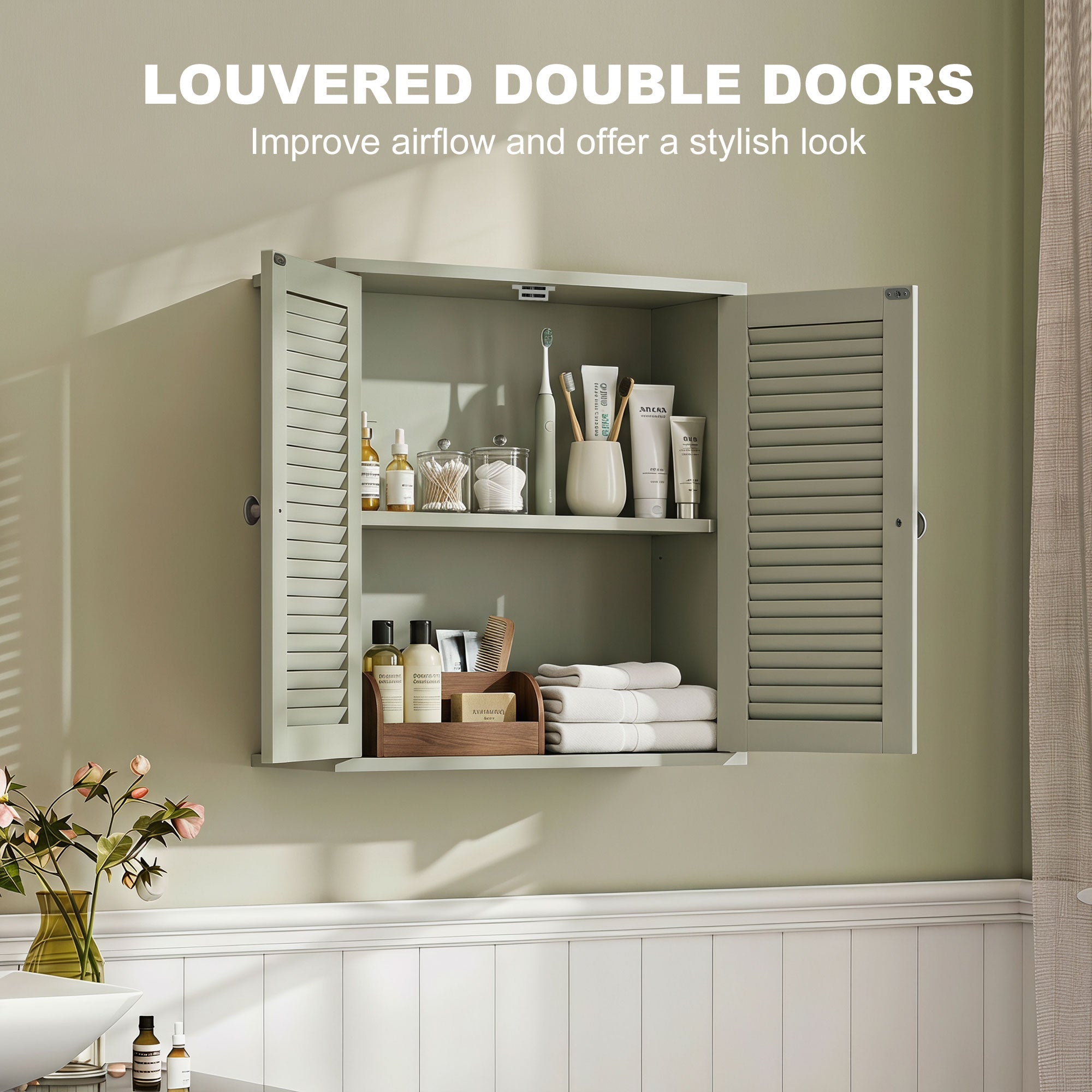 Bathroom Wall Cabinet, Wall-Mounted Over-The-Toilet Space Saver with Louvered Doors and Adjustable Shelf Storage for Kitchen, Living Room, Light Green